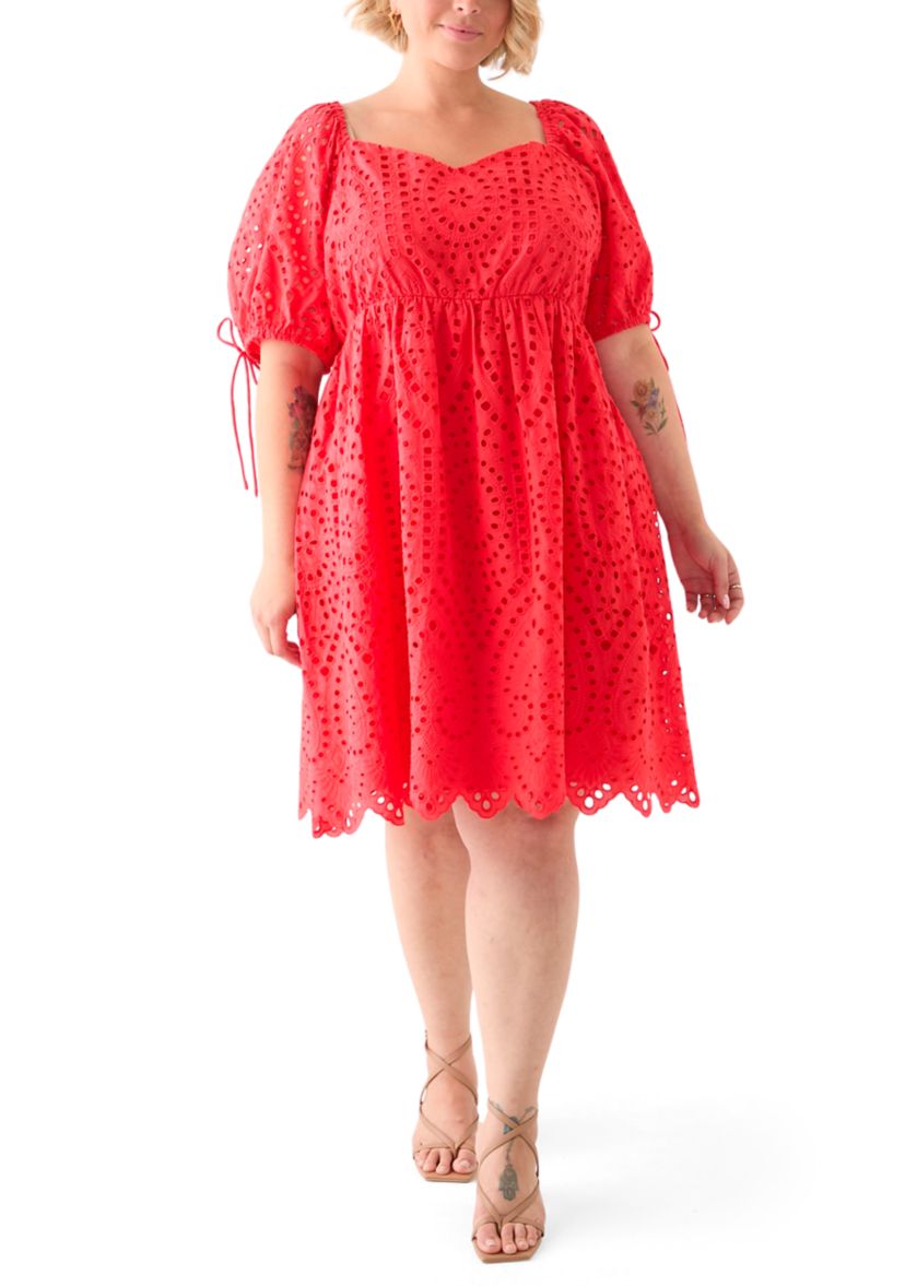 Plus Size Eyelet Scallop Edge Mini Dress Red / 3X