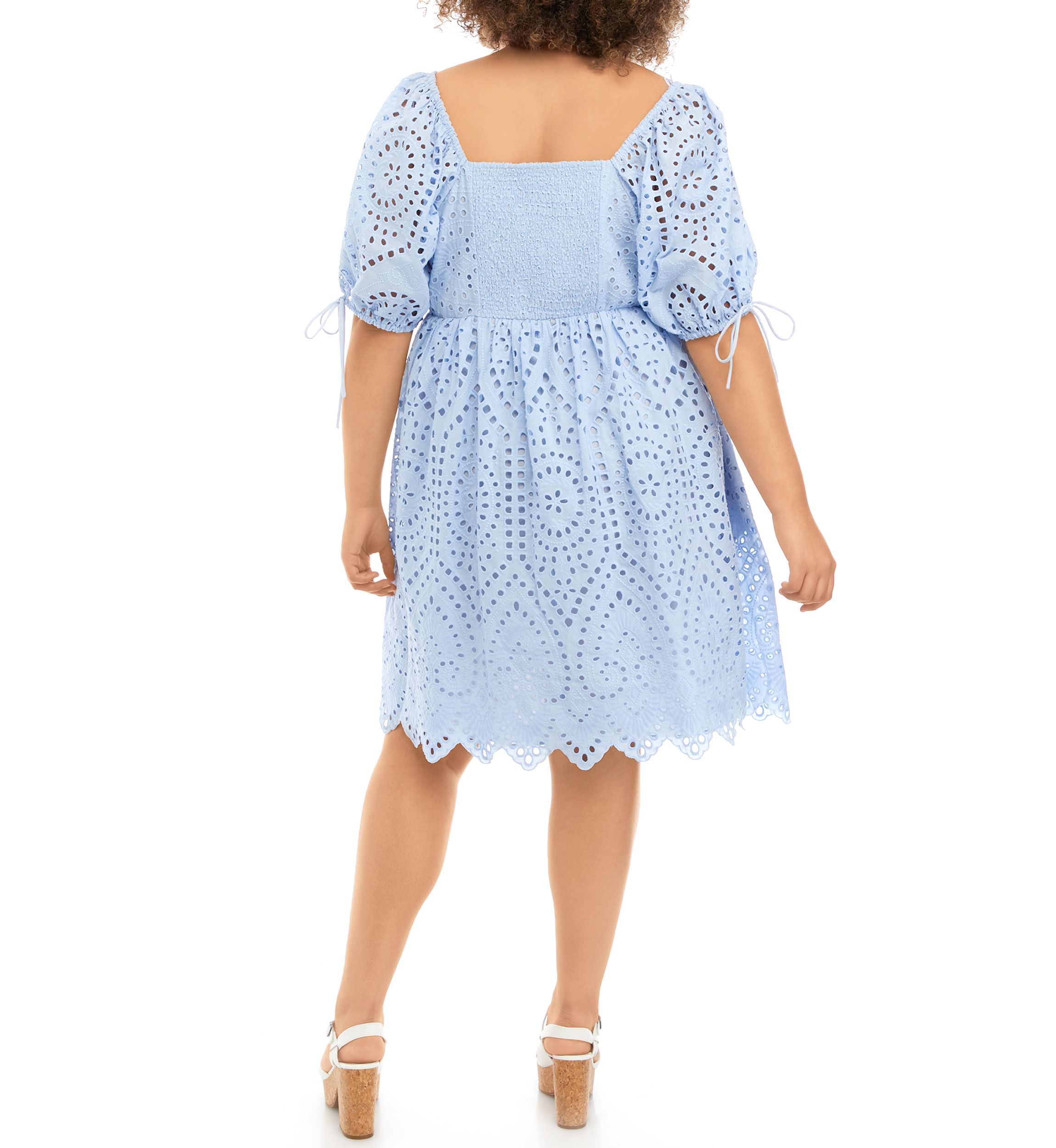 Plus Size Short Sleeve Eyelet Scallop Edge Mini Dress 