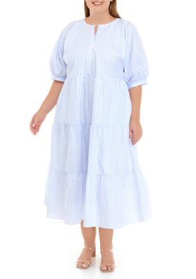 English Factory Women's Plus Size Puff Sleeve Striped Ruffle Maxi Dress