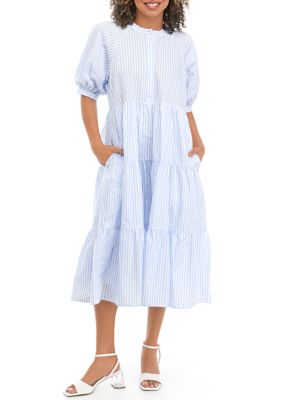 English Factory Women's Stripe Cuff Sleeve Tiered Mini Dress