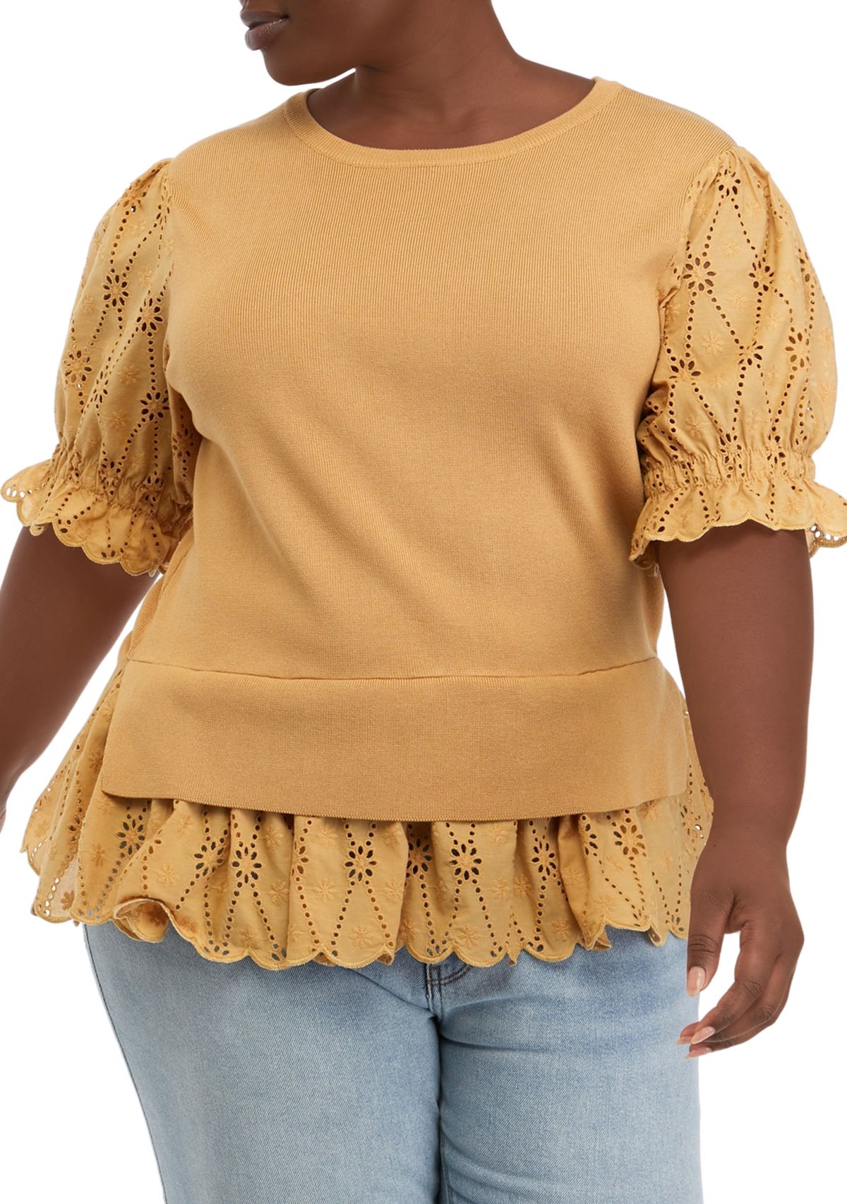 Plus Size Eyelet Mixed Media Top