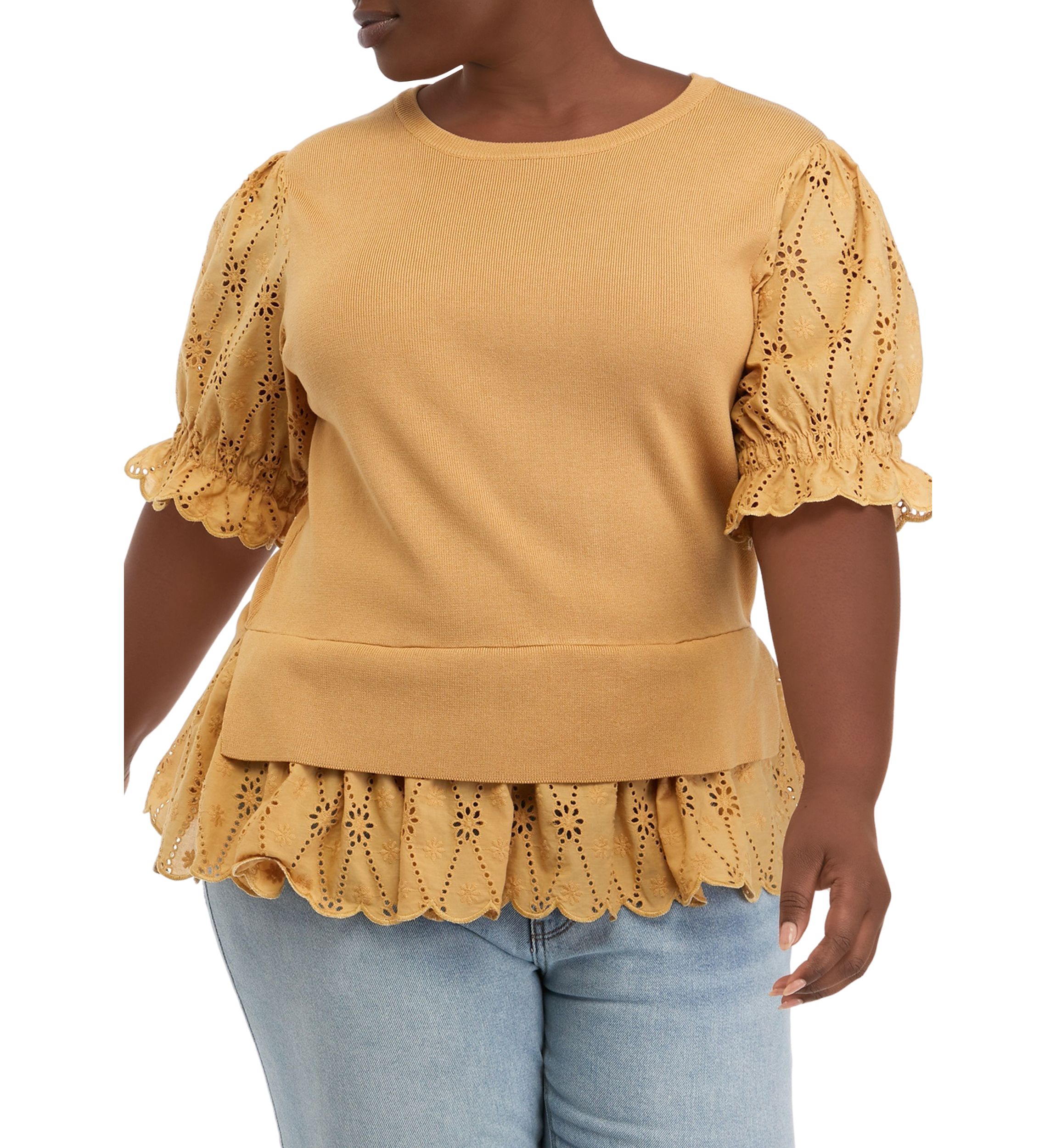 Plus Size Eyelet Mixed Media Top