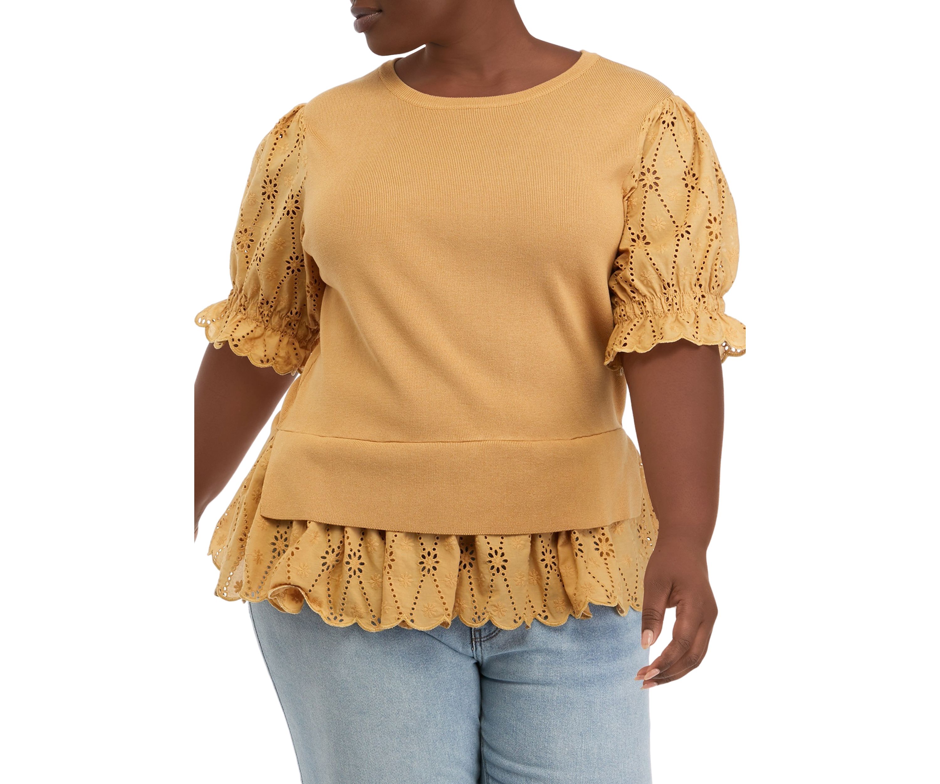 Plus Size Eyelet Mixed Media Top