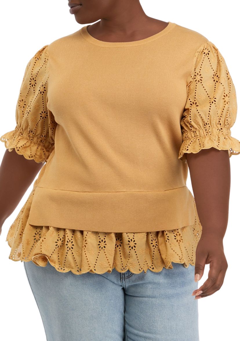 Plus Size Eyelet Mixed Media Top