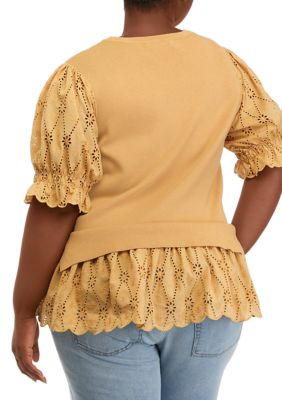 Plus Size Eyelet Mixed Media Top