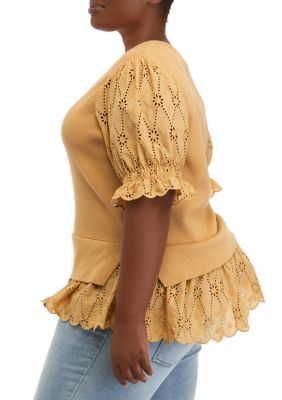 Plus Size Eyelet Mixed Media Top