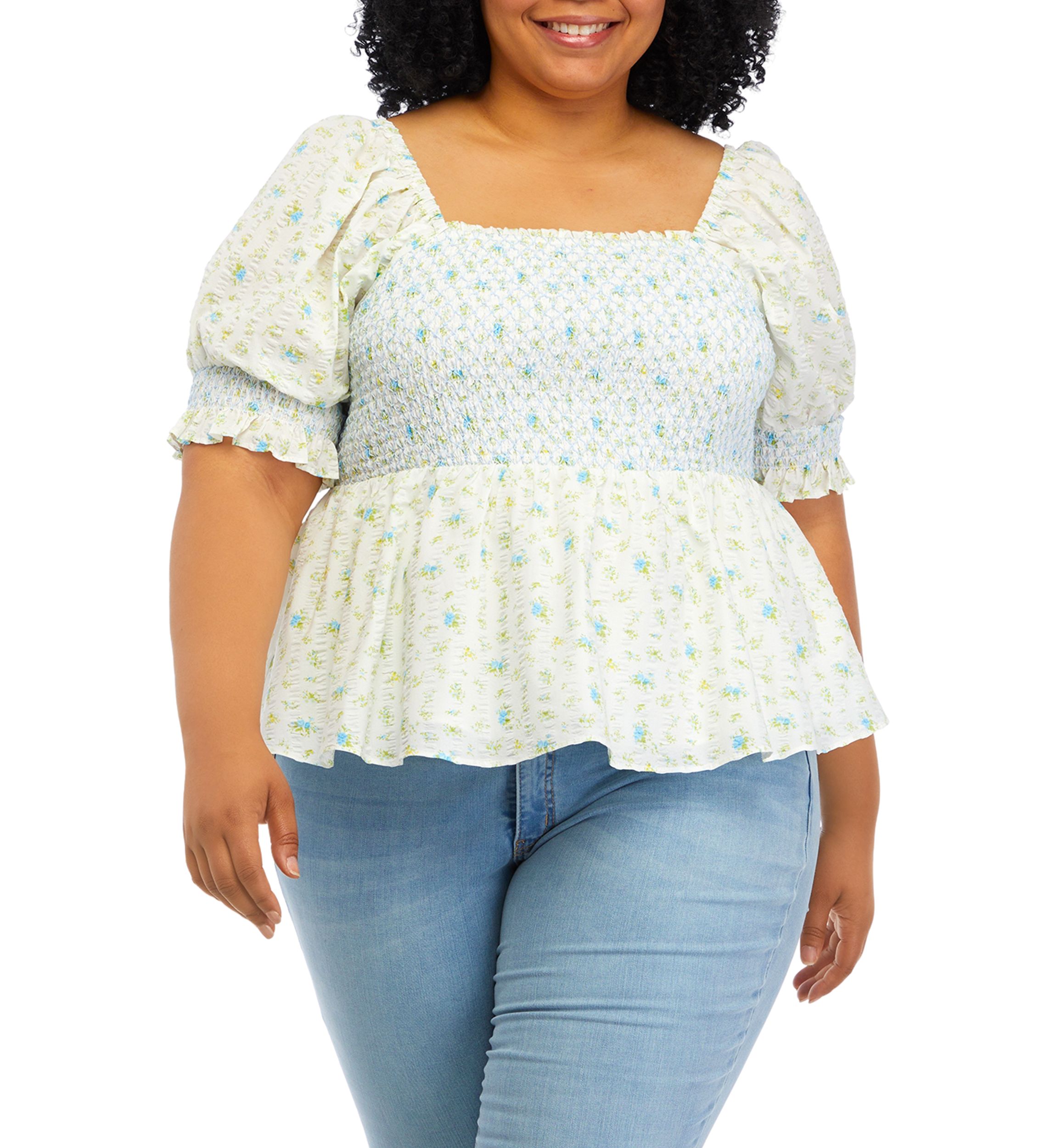 Plus Size Puff Sleeve Smocked Peplum Top 