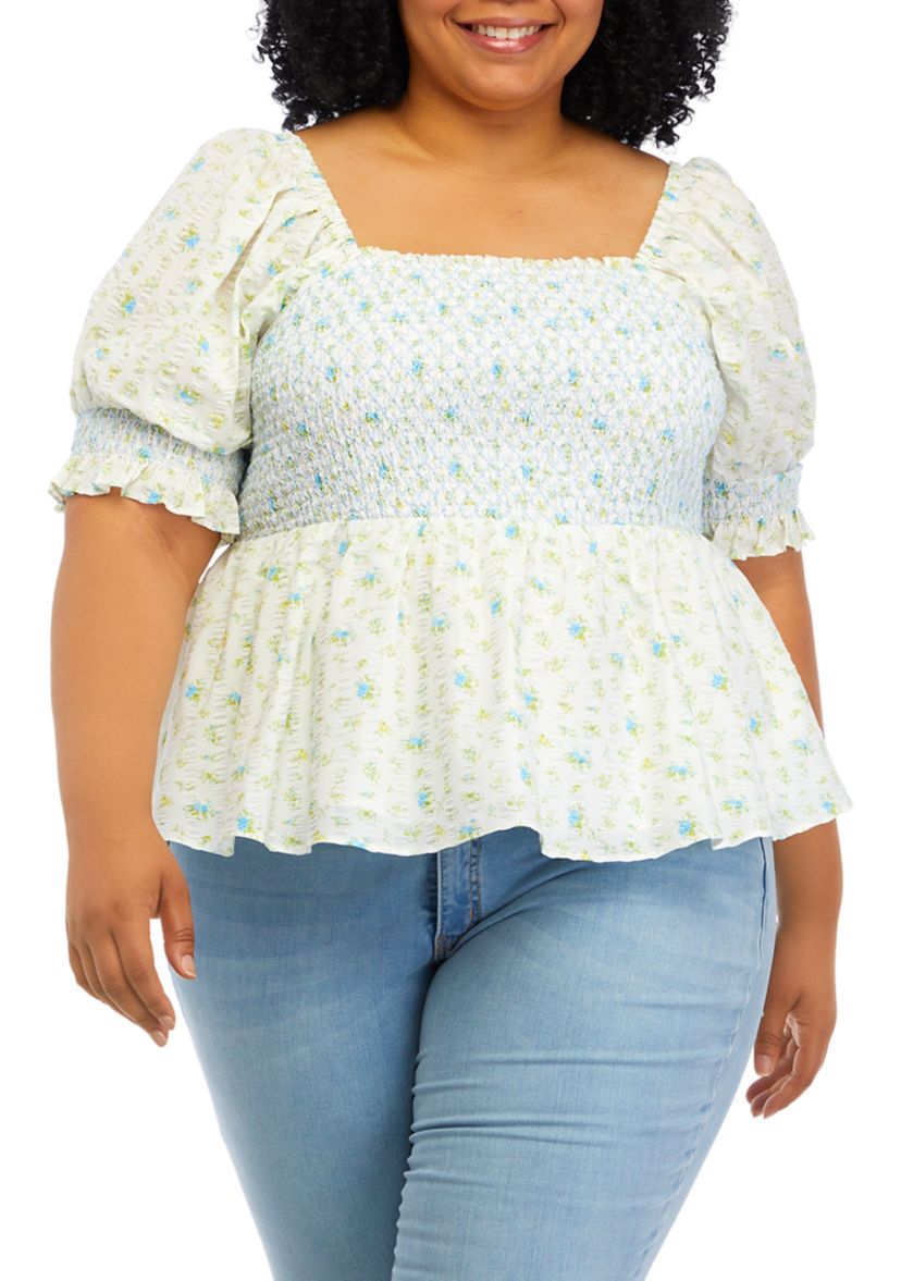 Plus Size Puff Sleeve Smocked Peplum Top 