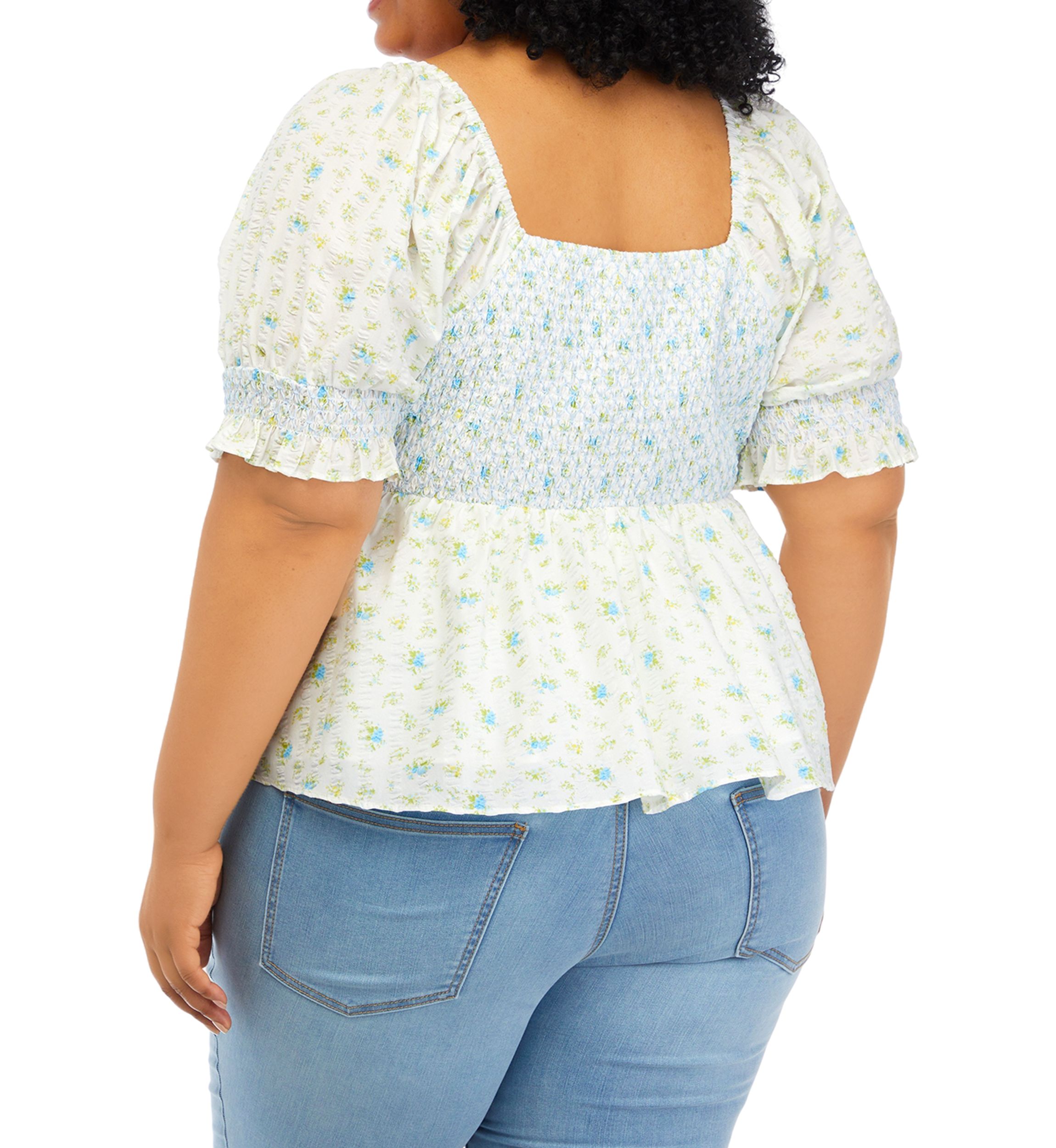 Plus Size Puff Sleeve Smocked Peplum Top 