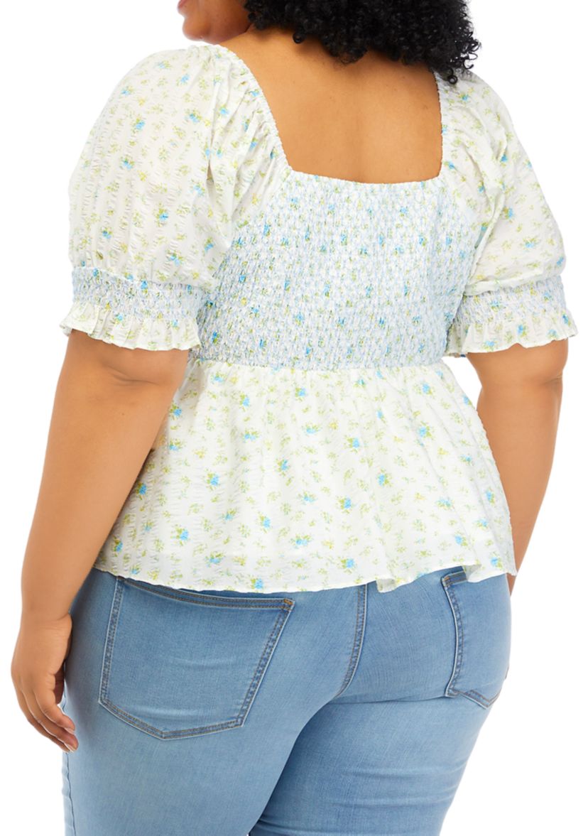 Plus Size Puff Sleeve Smocked Peplum Top 