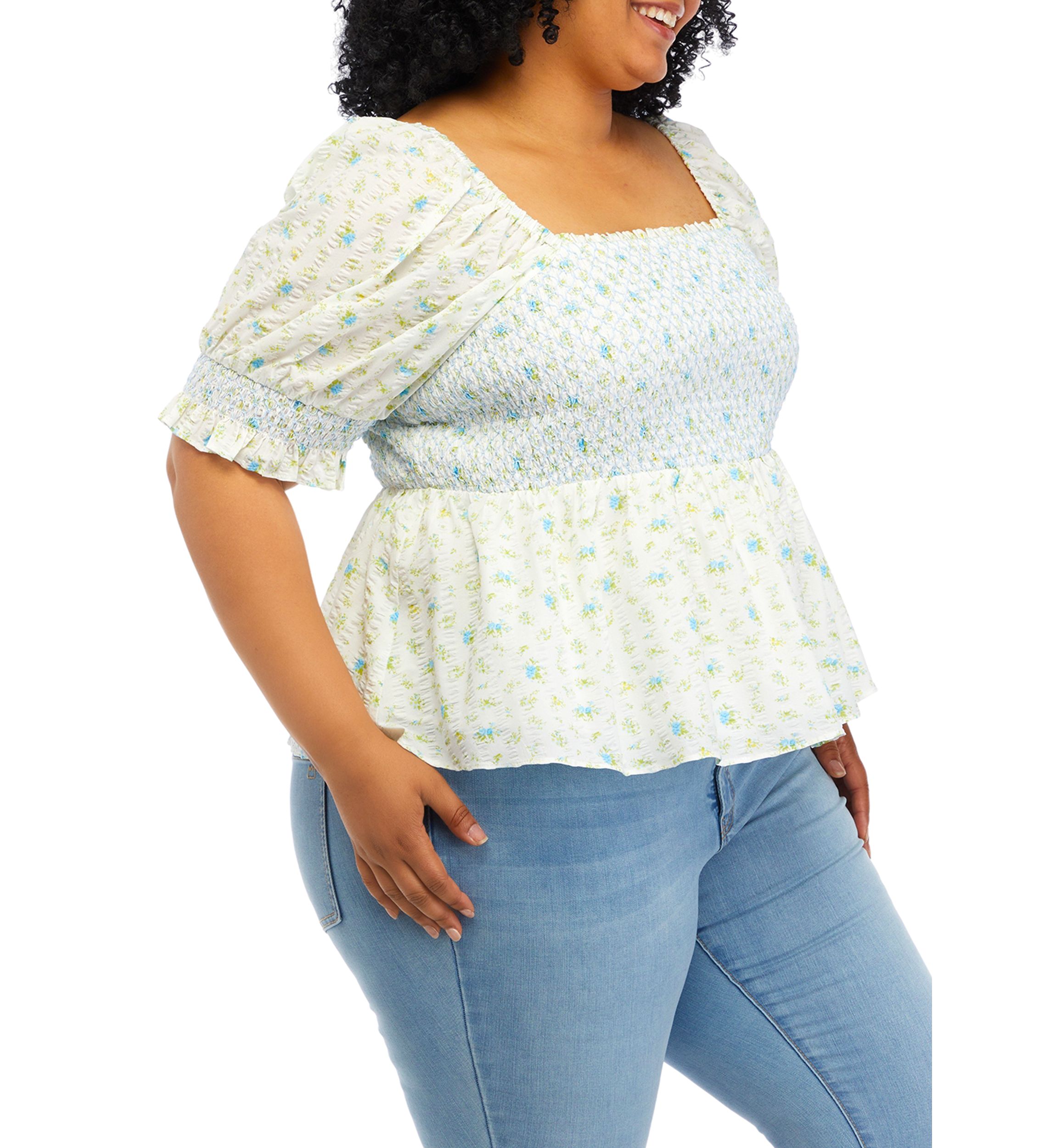 Plus Size Puff Sleeve Smocked Peplum Top 