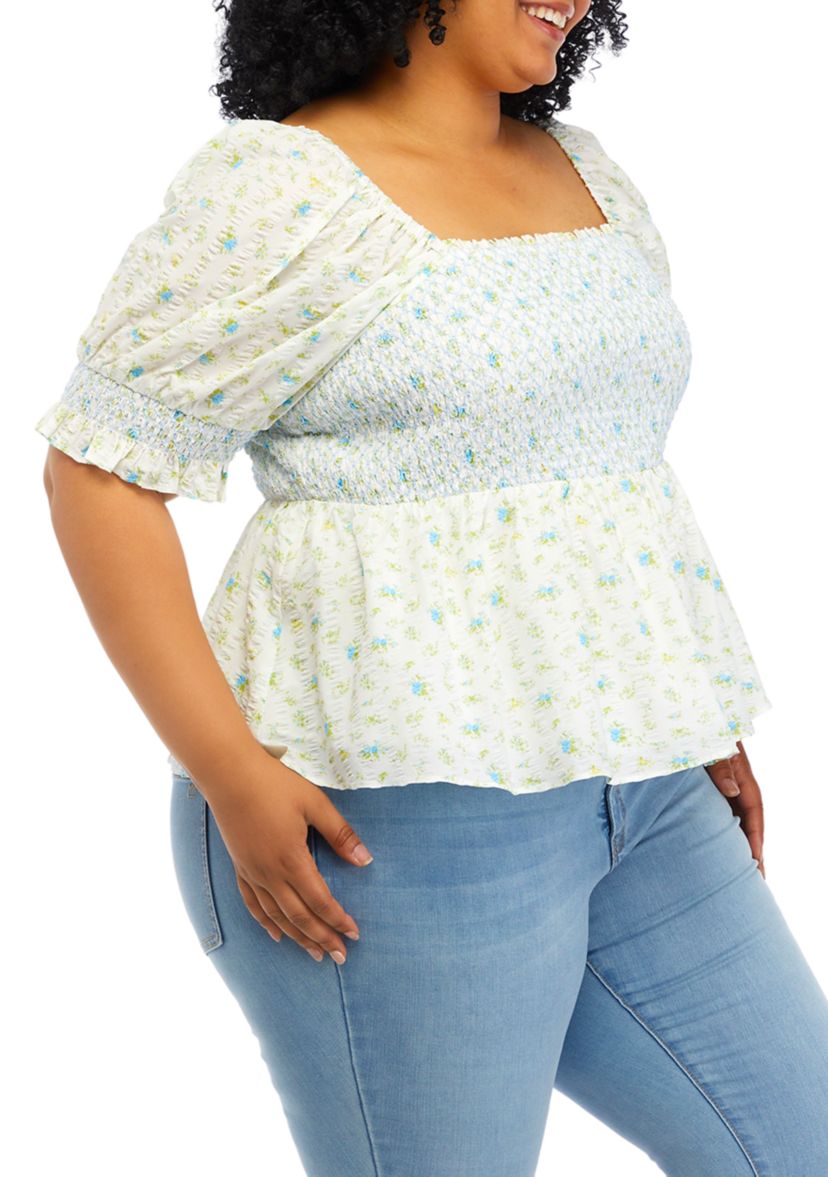 Plus Size Puff Sleeve Smocked Peplum Top 
