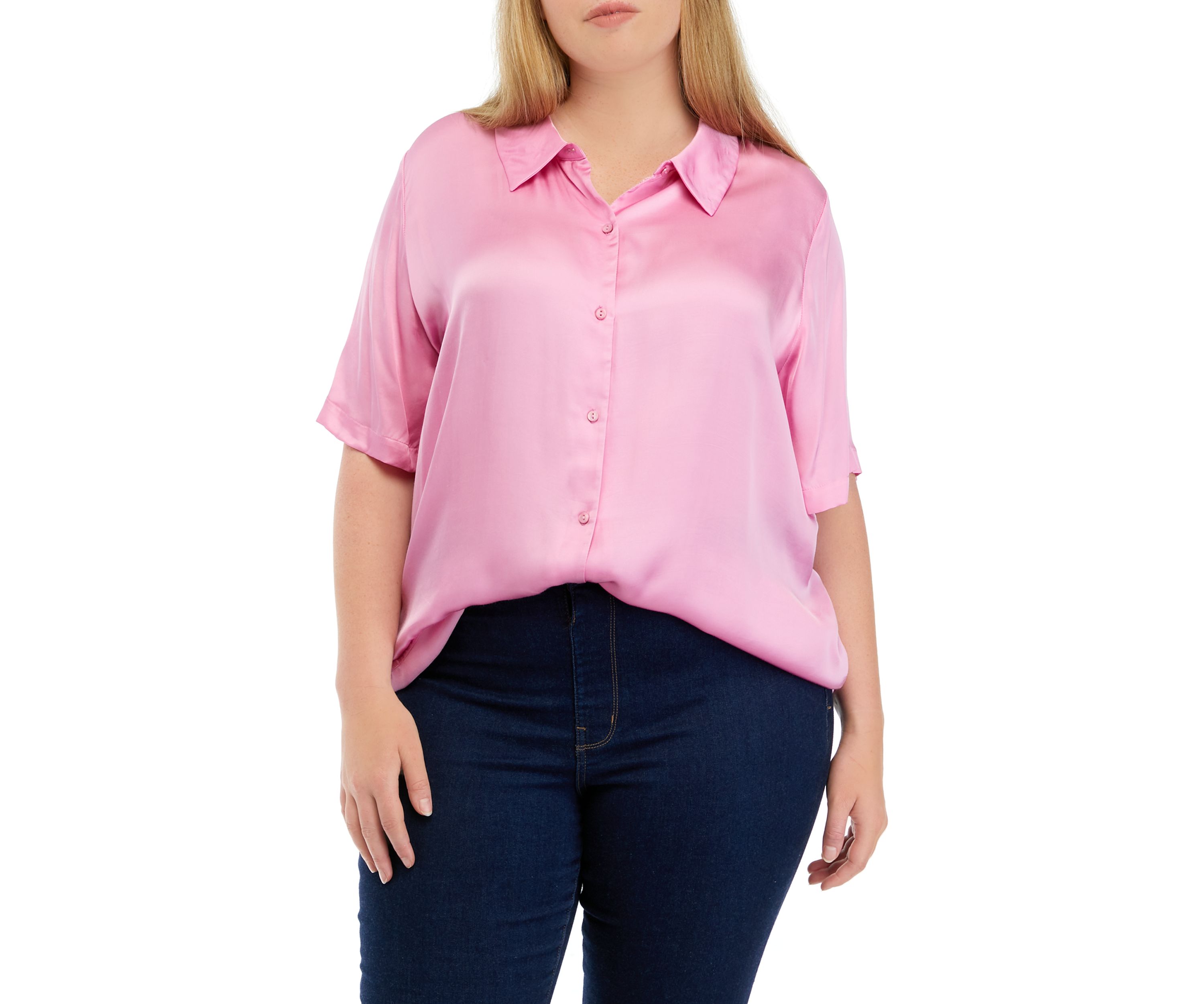 Plus Size Elbow Sleeve Satin Button Front Shirt