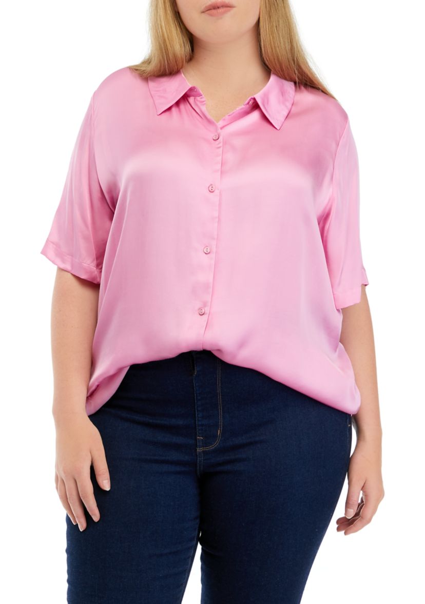 Plus Size Elbow Sleeve Satin Button Front Shirt