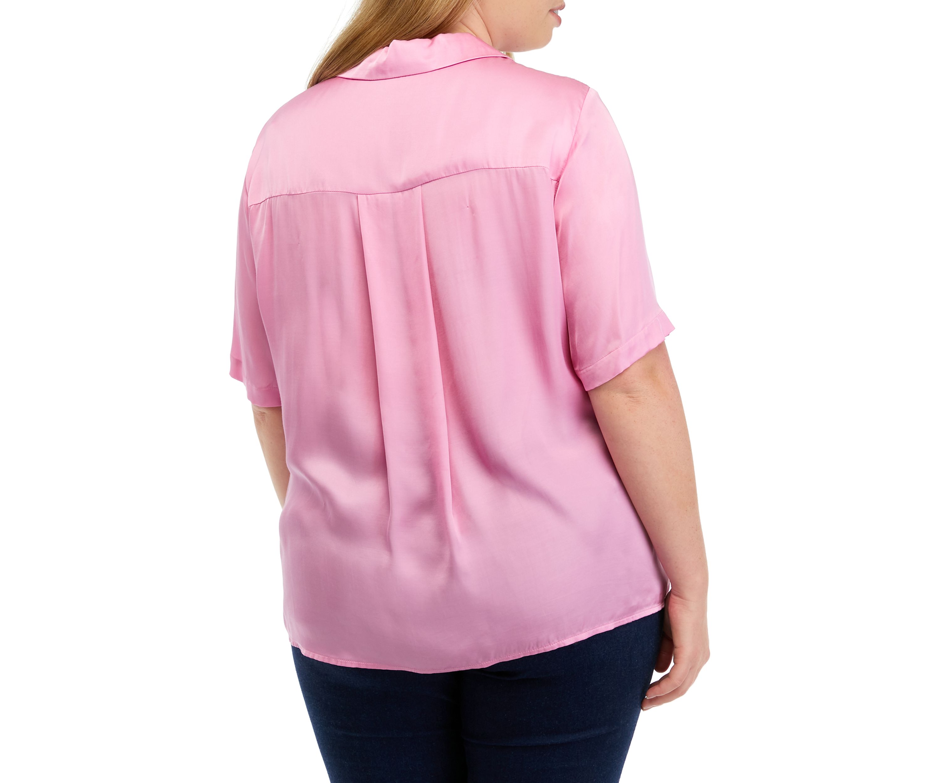Plus Size Elbow Sleeve Satin Button Front Shirt