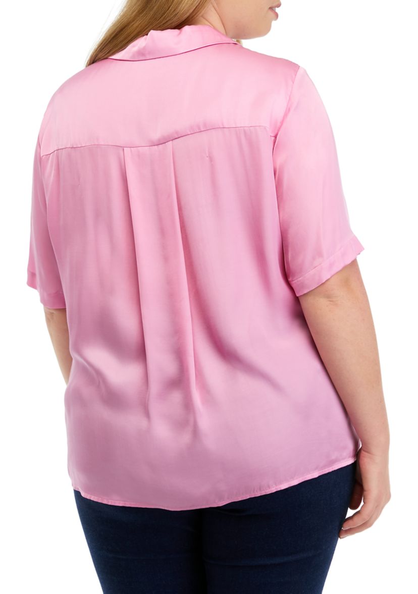 Plus Size Elbow Sleeve Satin Button Front Shirt