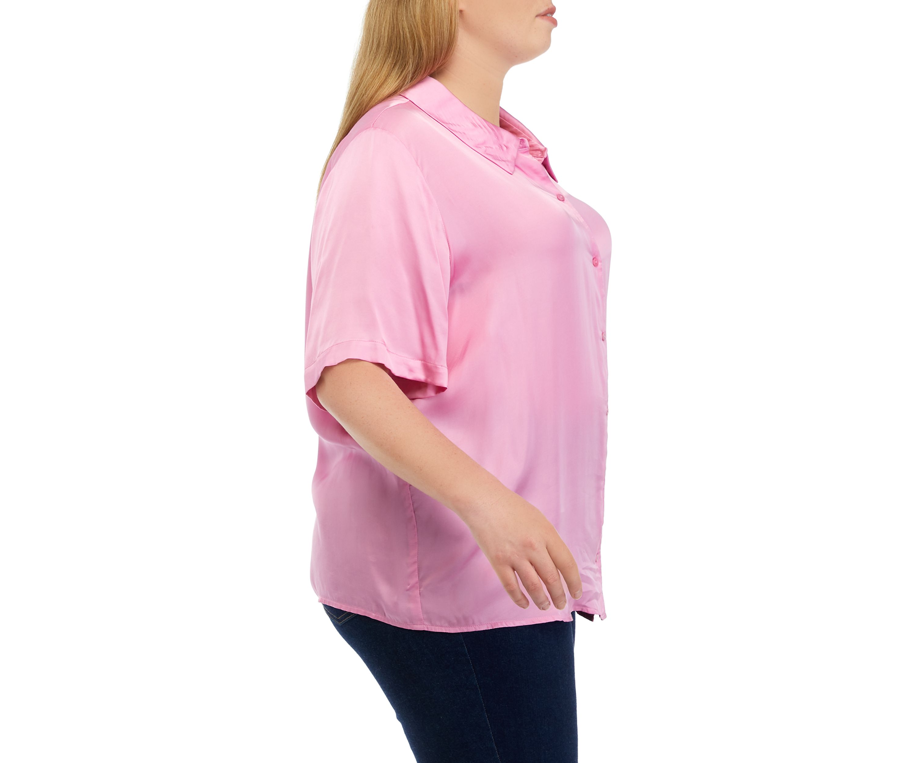 Plus Size Elbow Sleeve Satin Button Front Shirt