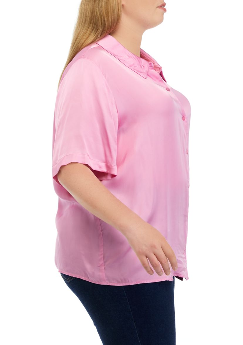 Plus Size Elbow Sleeve Satin Button Front Shirt