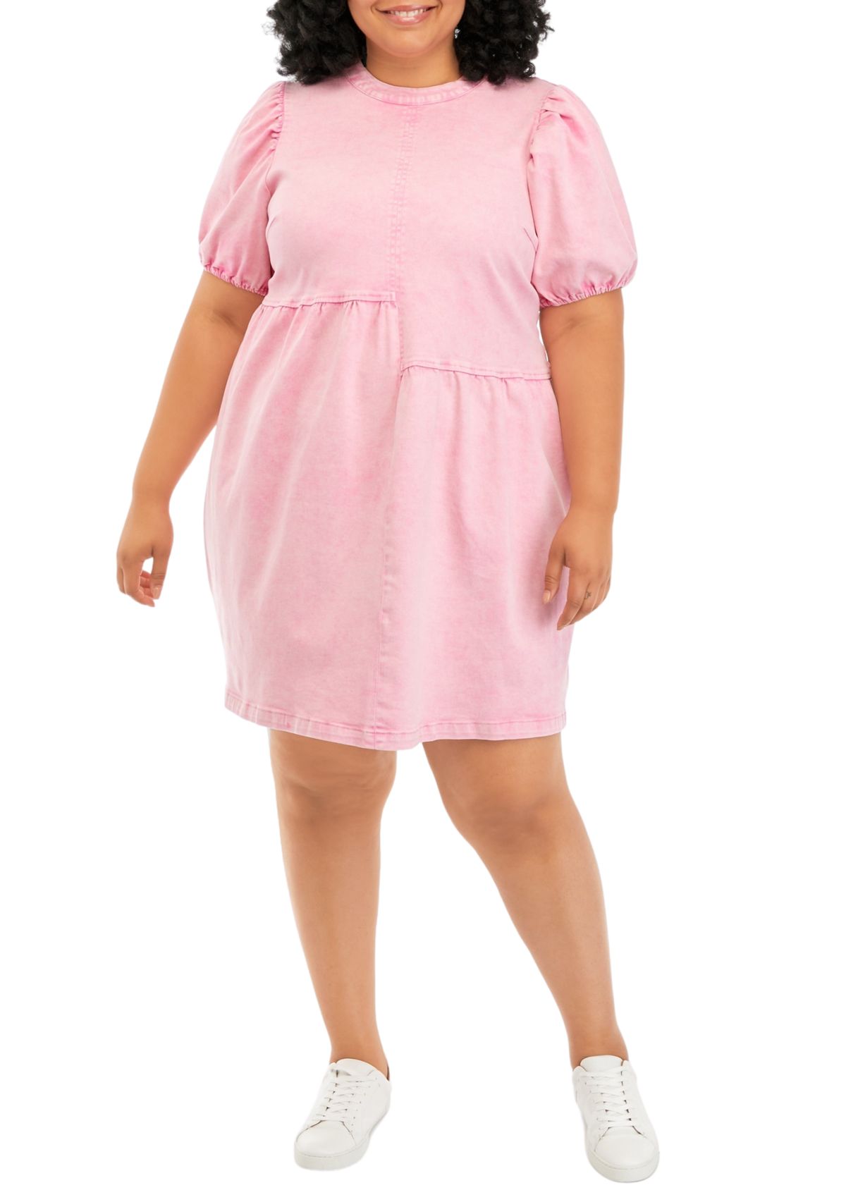 Plus Size Short Puff Sleeve Denim Mixed Media Dress