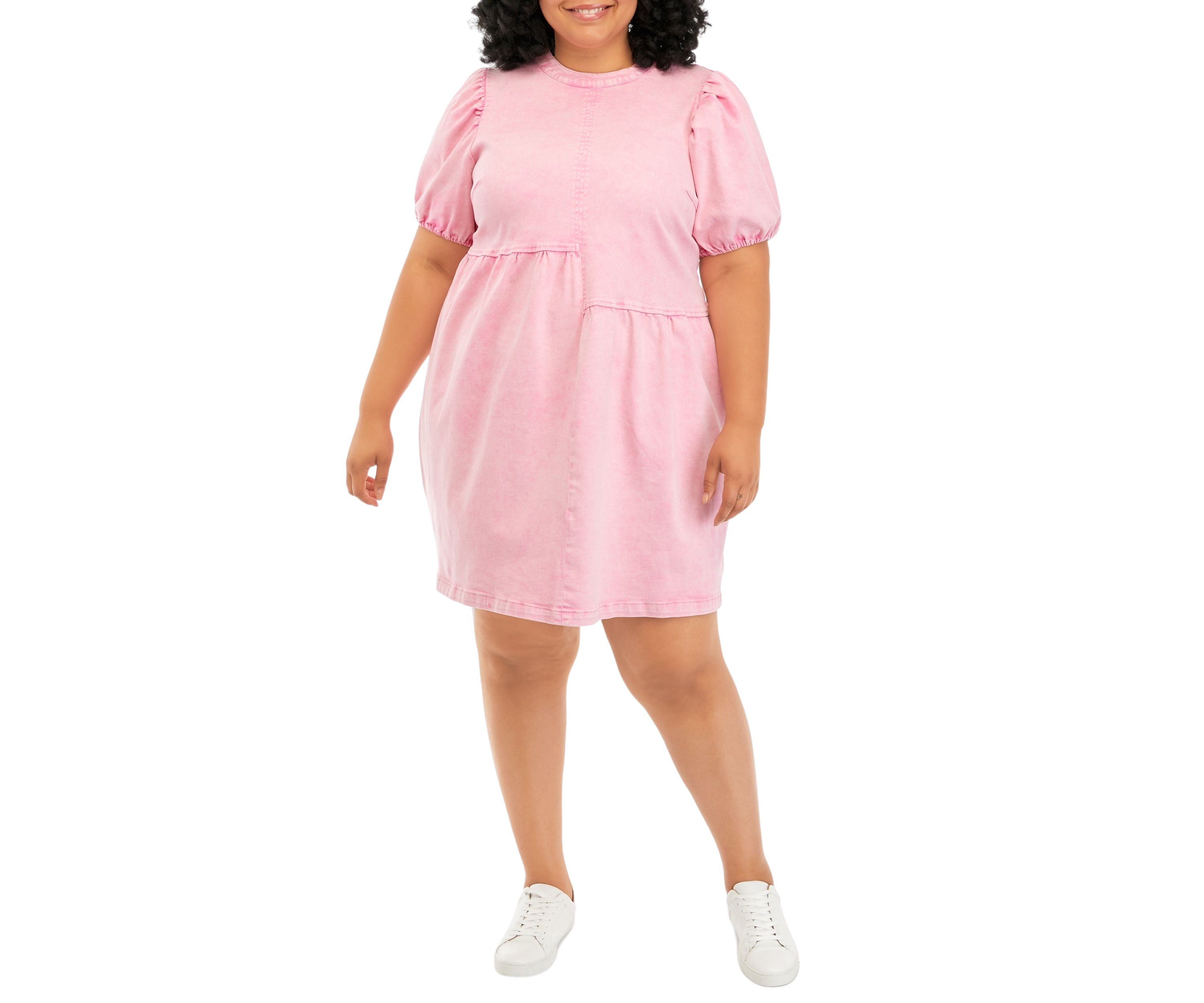 Plus Size Short Puff Sleeve Denim Mixed Media Dress