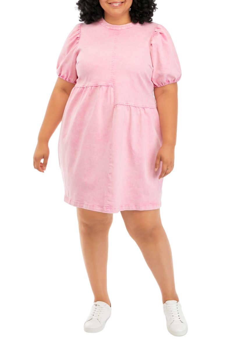 Plus Size Short Puff Sleeve Denim Mixed Media Dress