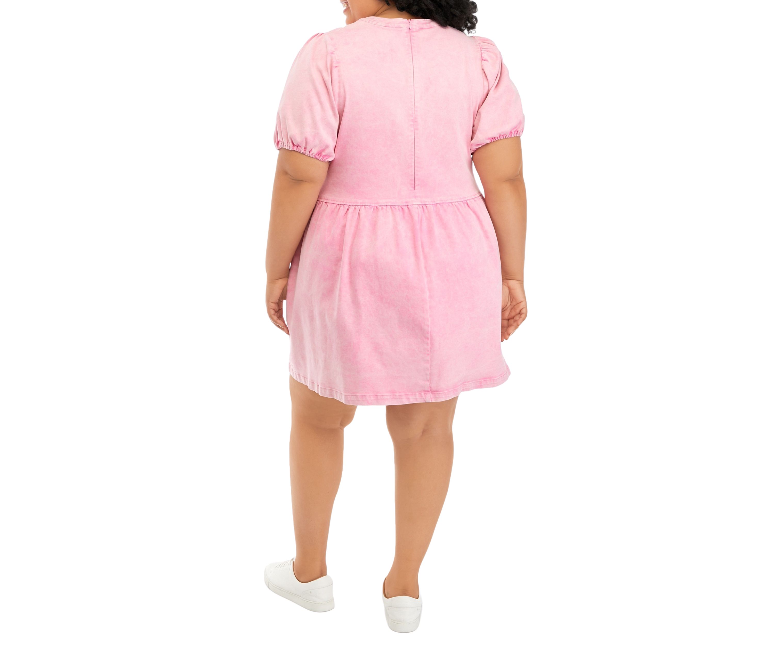 Plus Size Short Puff Sleeve Denim Mixed Media Dress