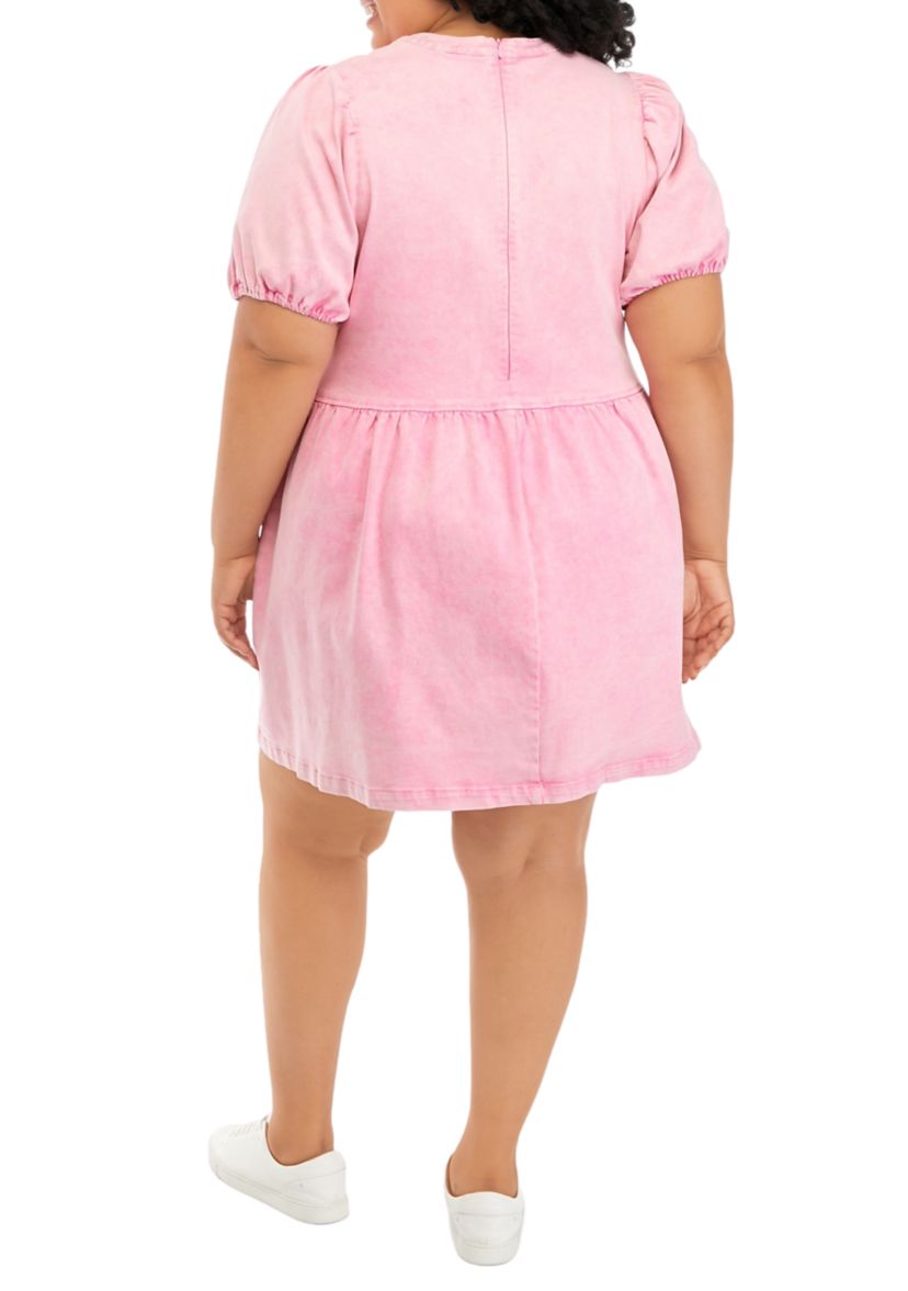 Plus Size Short Puff Sleeve Denim Mixed Media Dress
