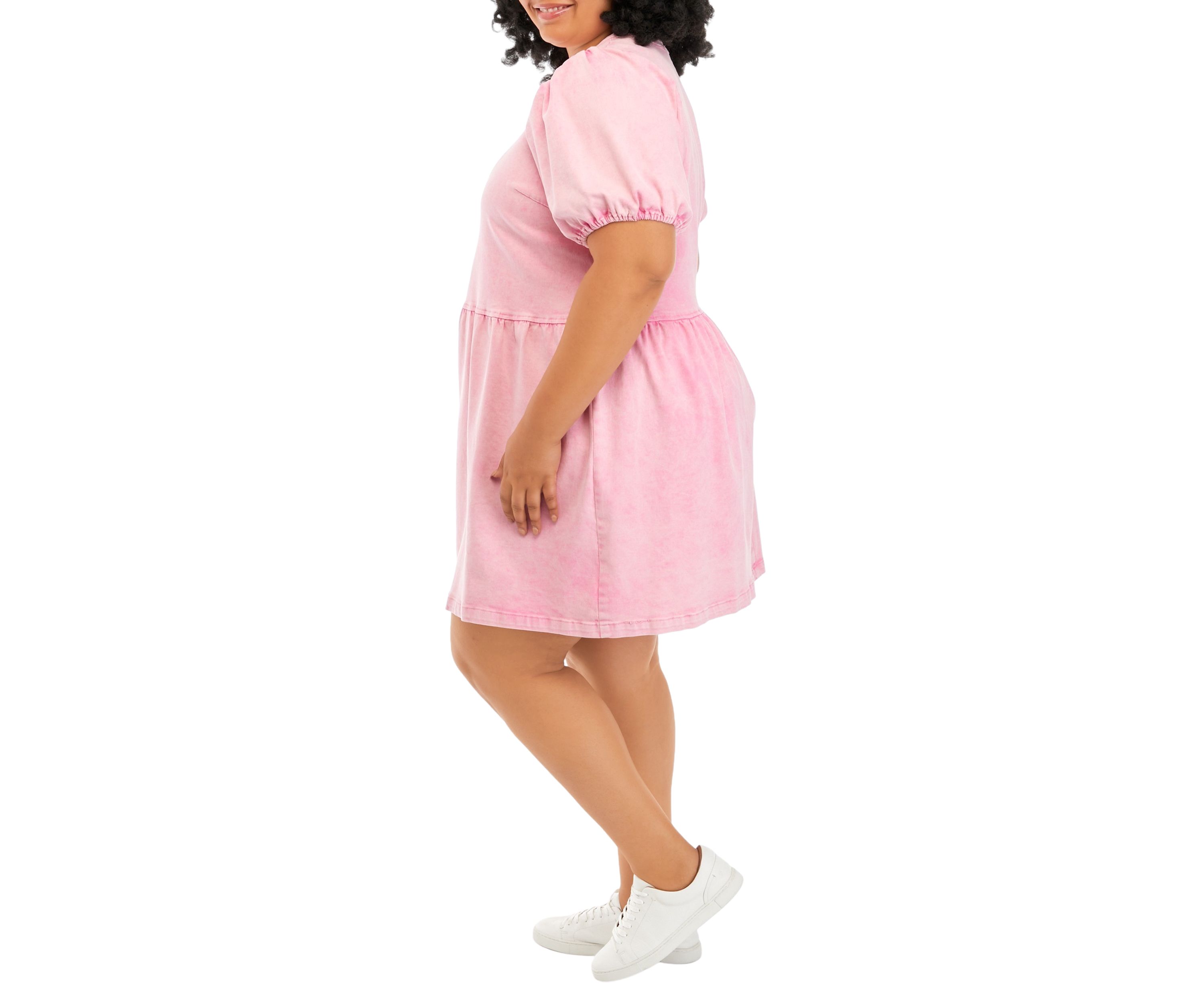 Plus Size Short Puff Sleeve Denim Mixed Media Dress