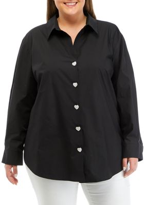 ENGLISH FACTORY Women's Plus Size Long Sleeve Collared Shirt with Heart Buttons
