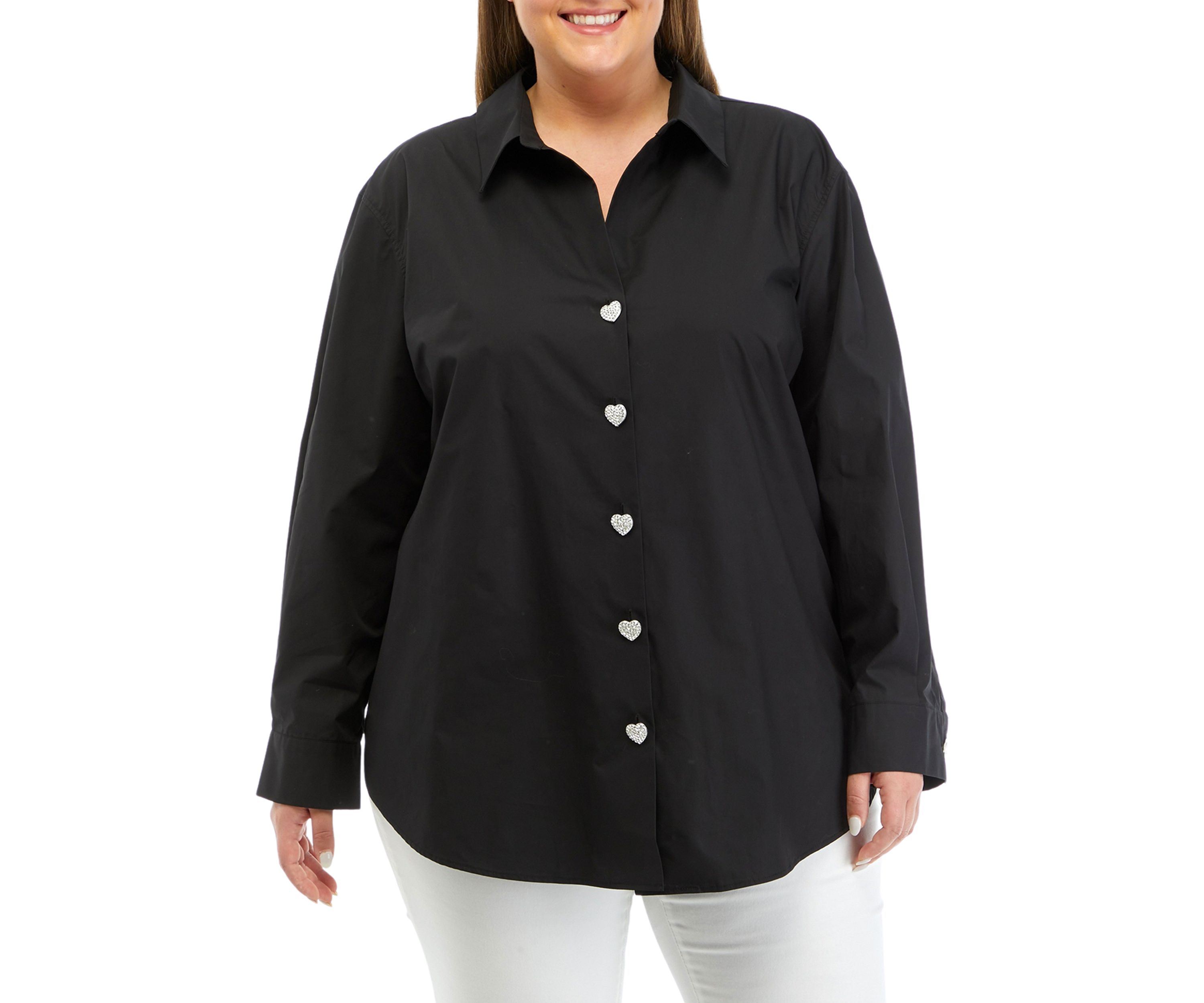Plus Size Long Sleeve Collared Shirt with Heart Buttons