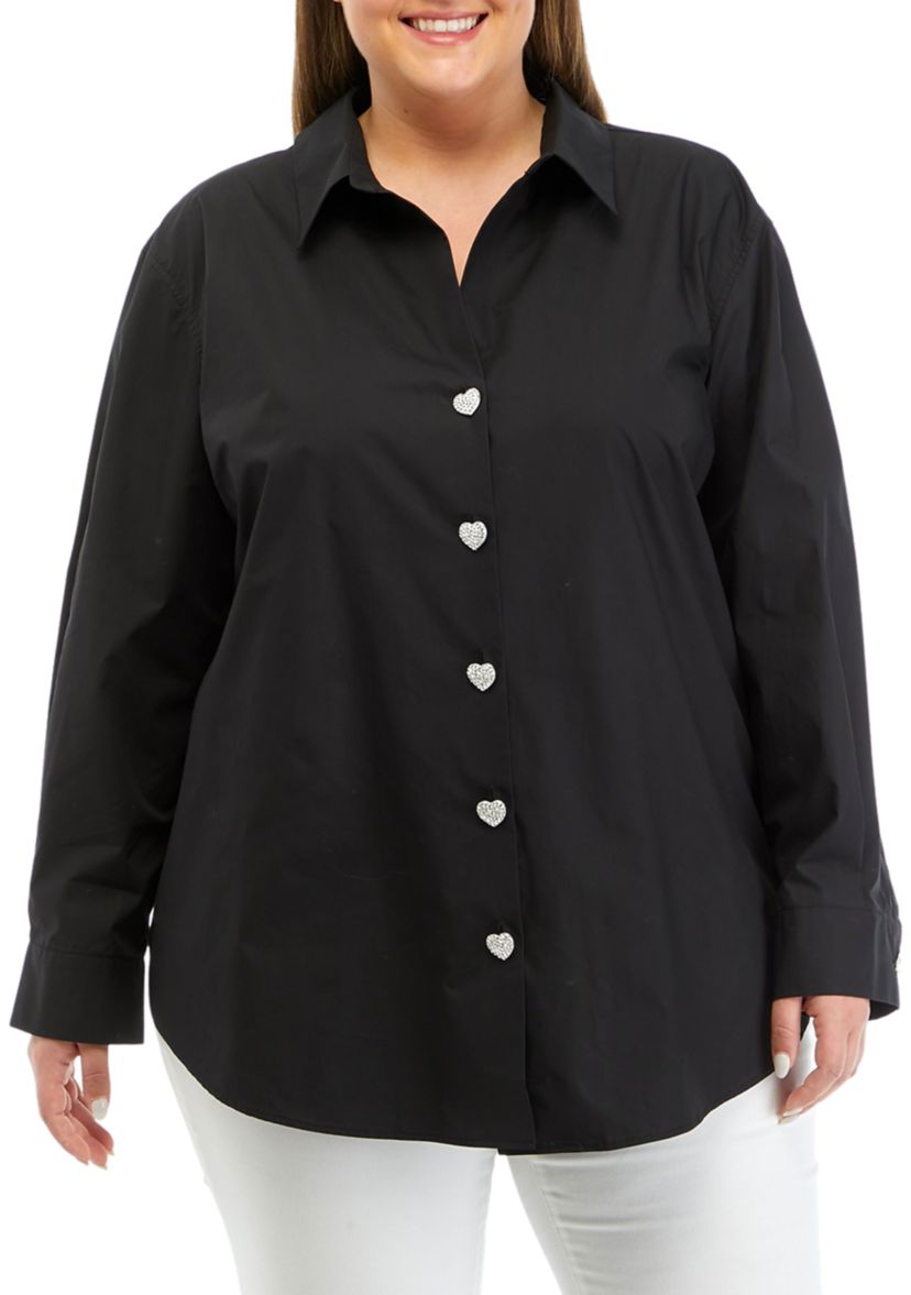 Plus Size Long Sleeve Collared Shirt with Heart Buttons