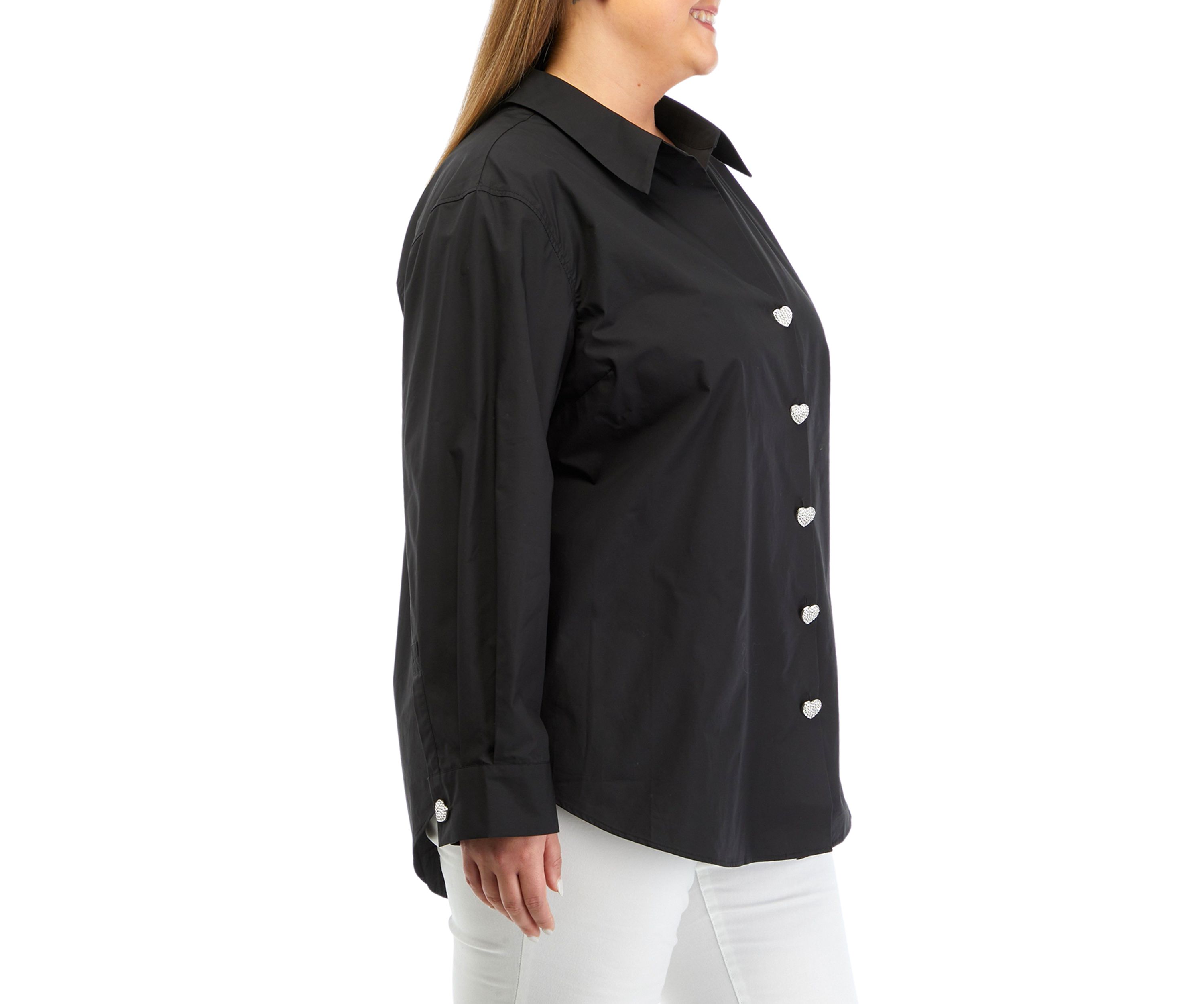 Plus Size Long Sleeve Collared Shirt with Heart Buttons