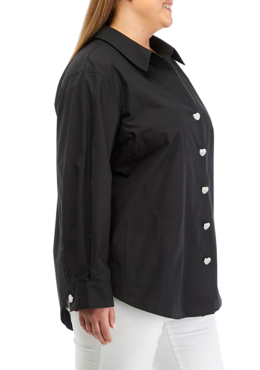 Plus Size Long Sleeve Collared Shirt with Heart Buttons