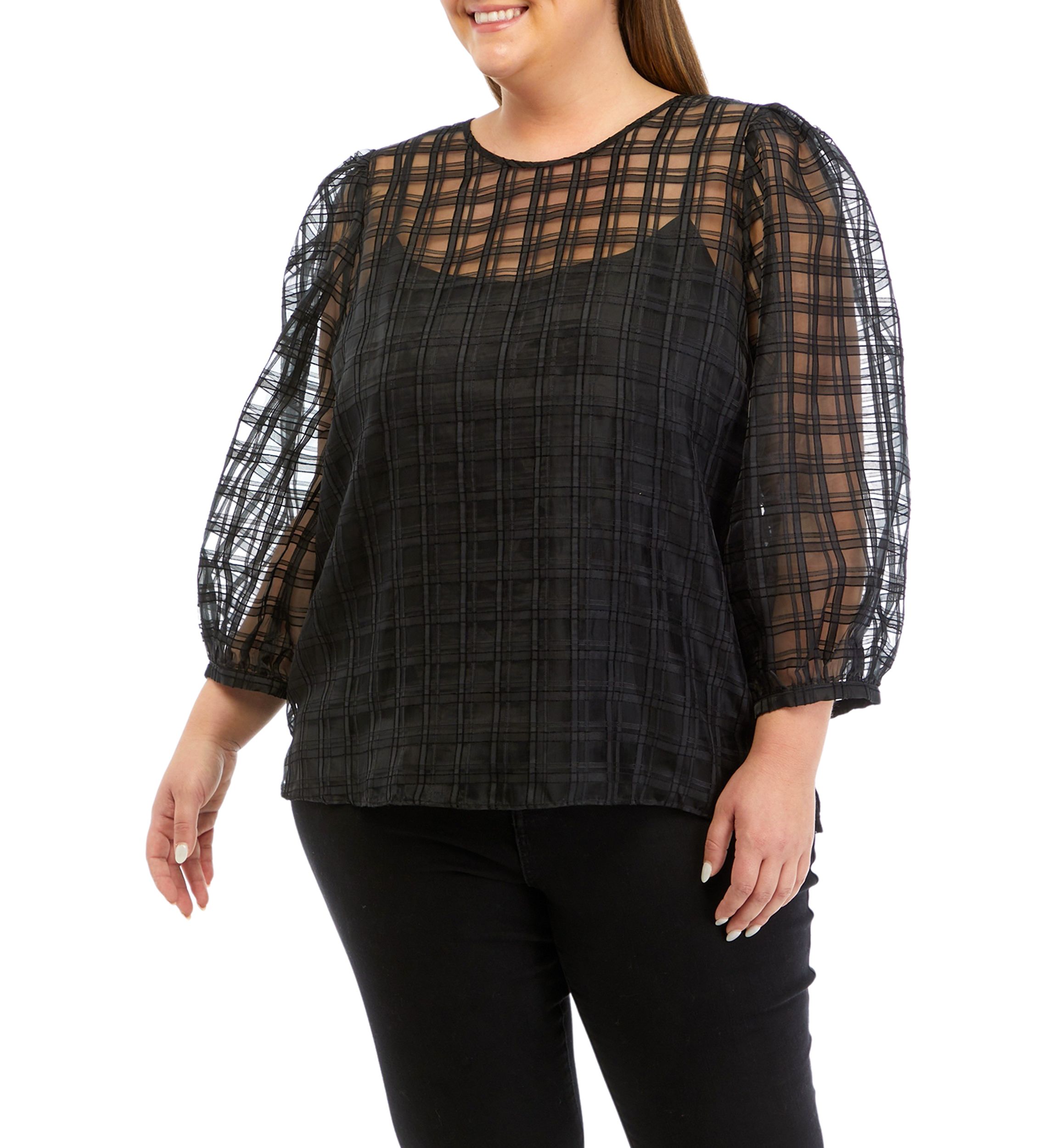 Plus Size Long Sleeve Plaid Organza Top