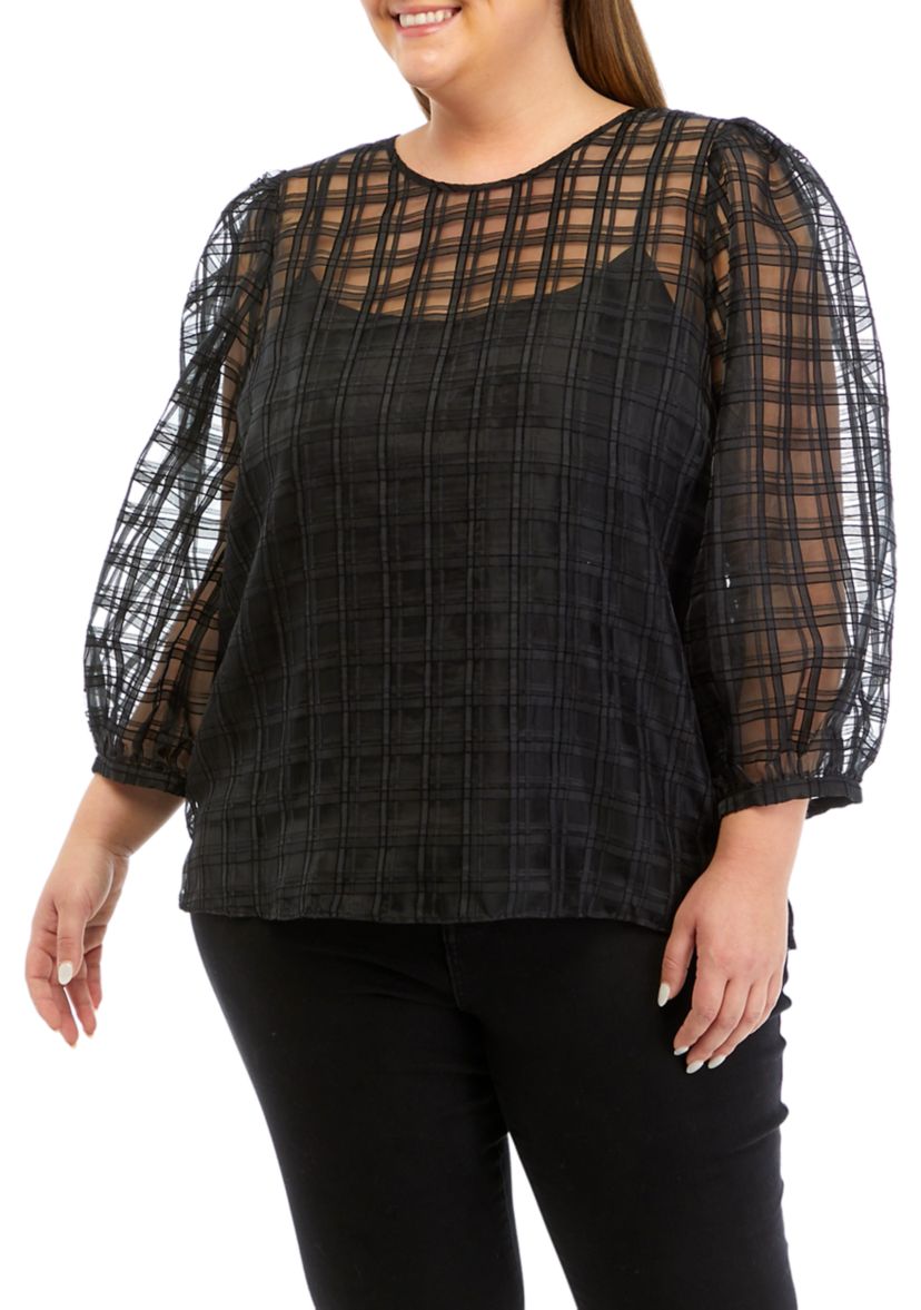 Plus Size Long Sleeve Plaid Organza Top