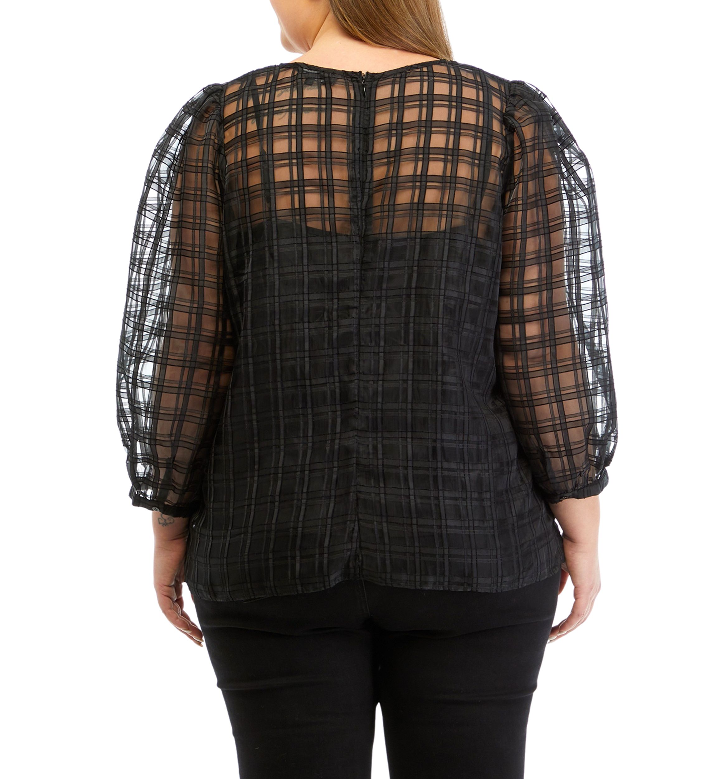 Plus Size Long Sleeve Plaid Organza Top