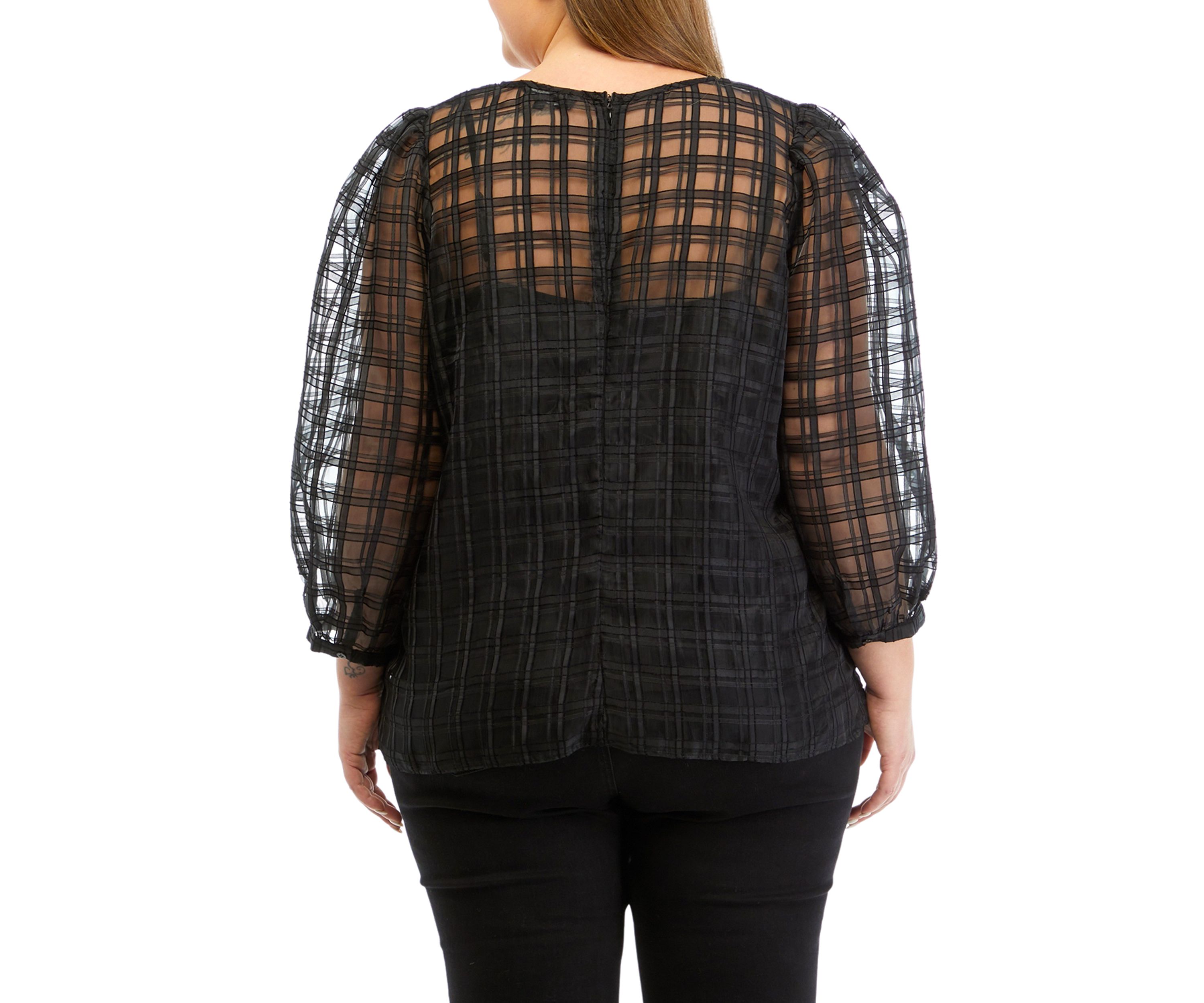 Plus Size Long Sleeve Plaid Organza Top