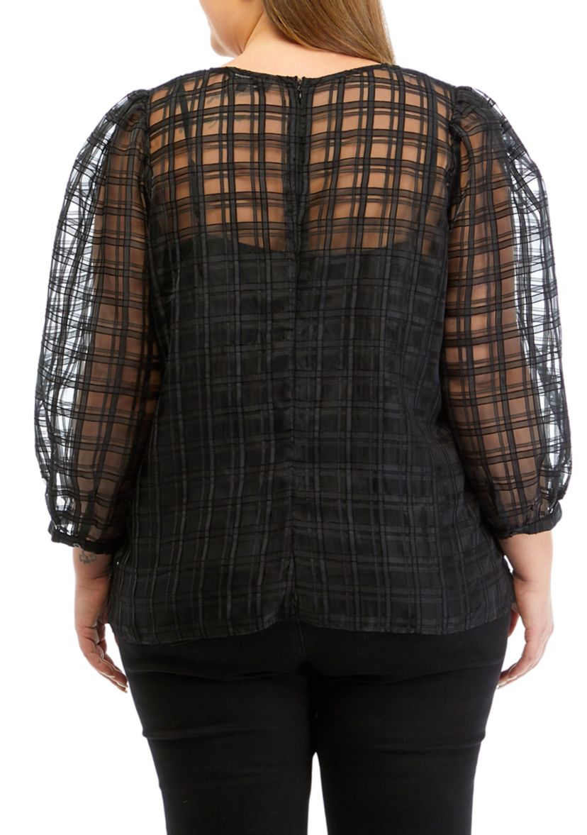 Plus Size Long Sleeve Plaid Organza Top