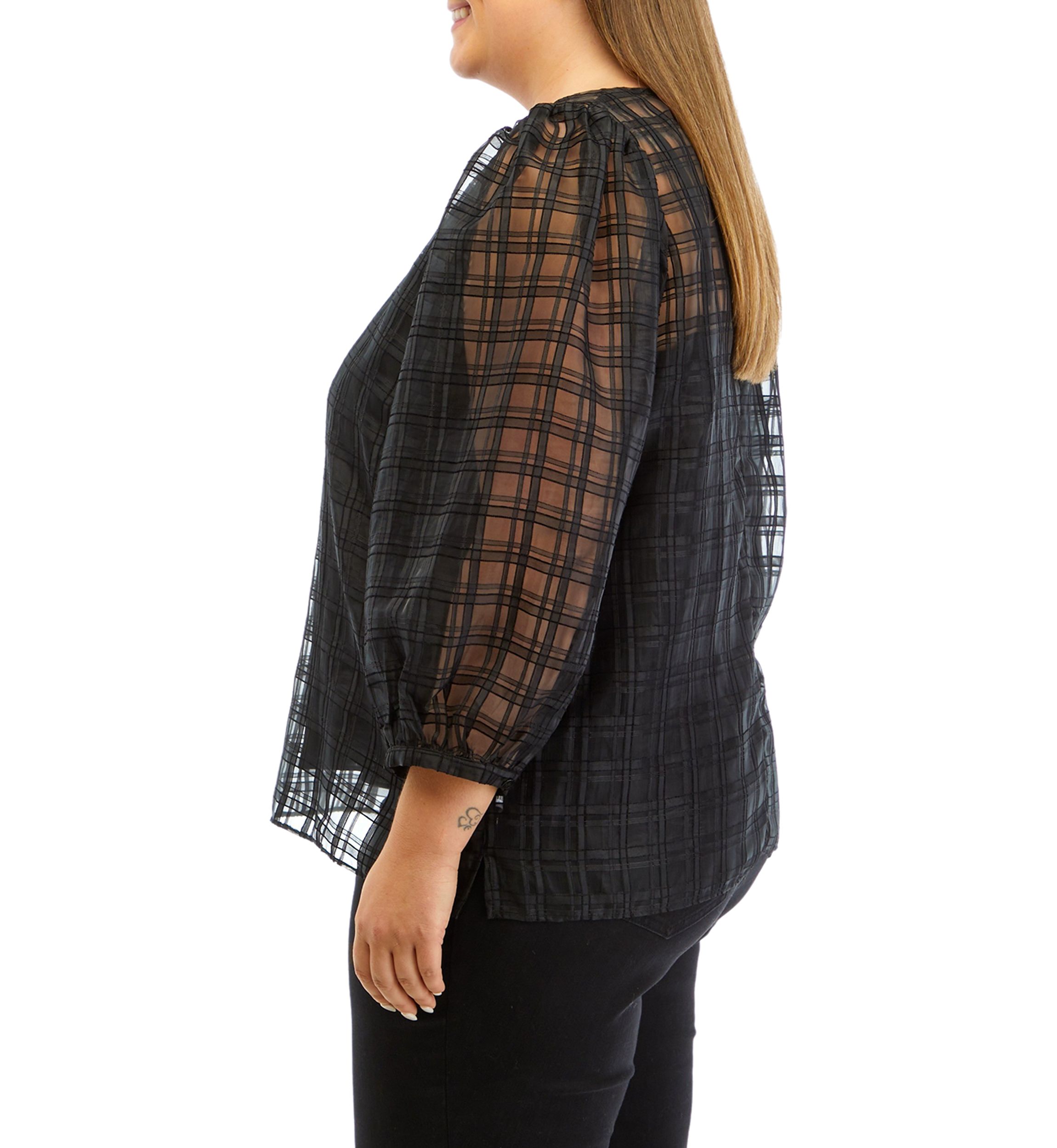 Plus Size Long Sleeve Plaid Organza Top