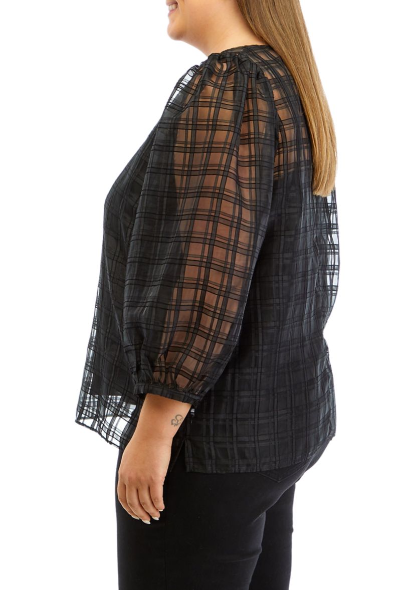 Plus Size Long Sleeve Plaid Organza Top