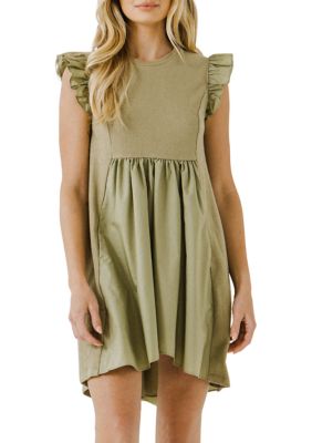 ENGLISH FACTORY Women's Knit Poplin Mixed Dress, Sage, Medium
