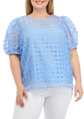 Plus Blue Sheer Plaid Puff Sleeve Top