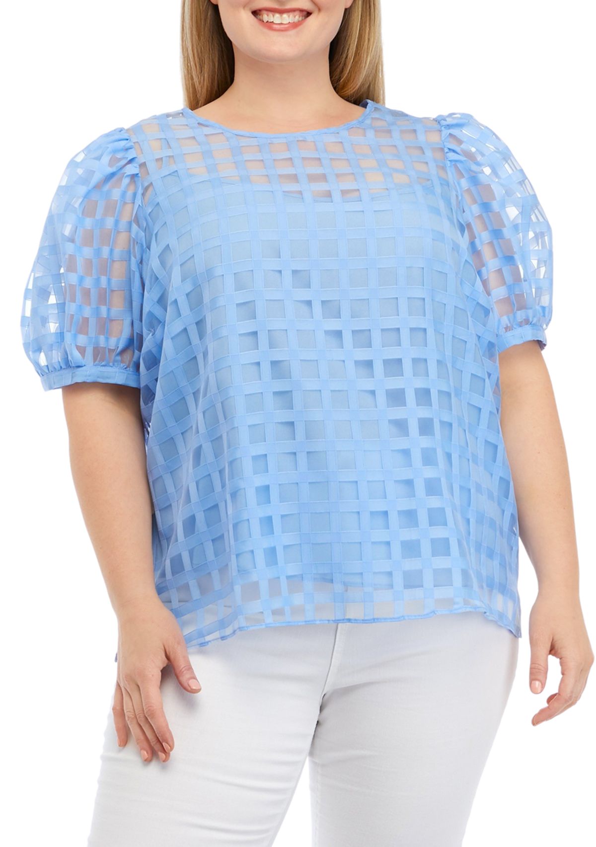 Plus Size Blue Sheer Plaid Puff Sleeve Top