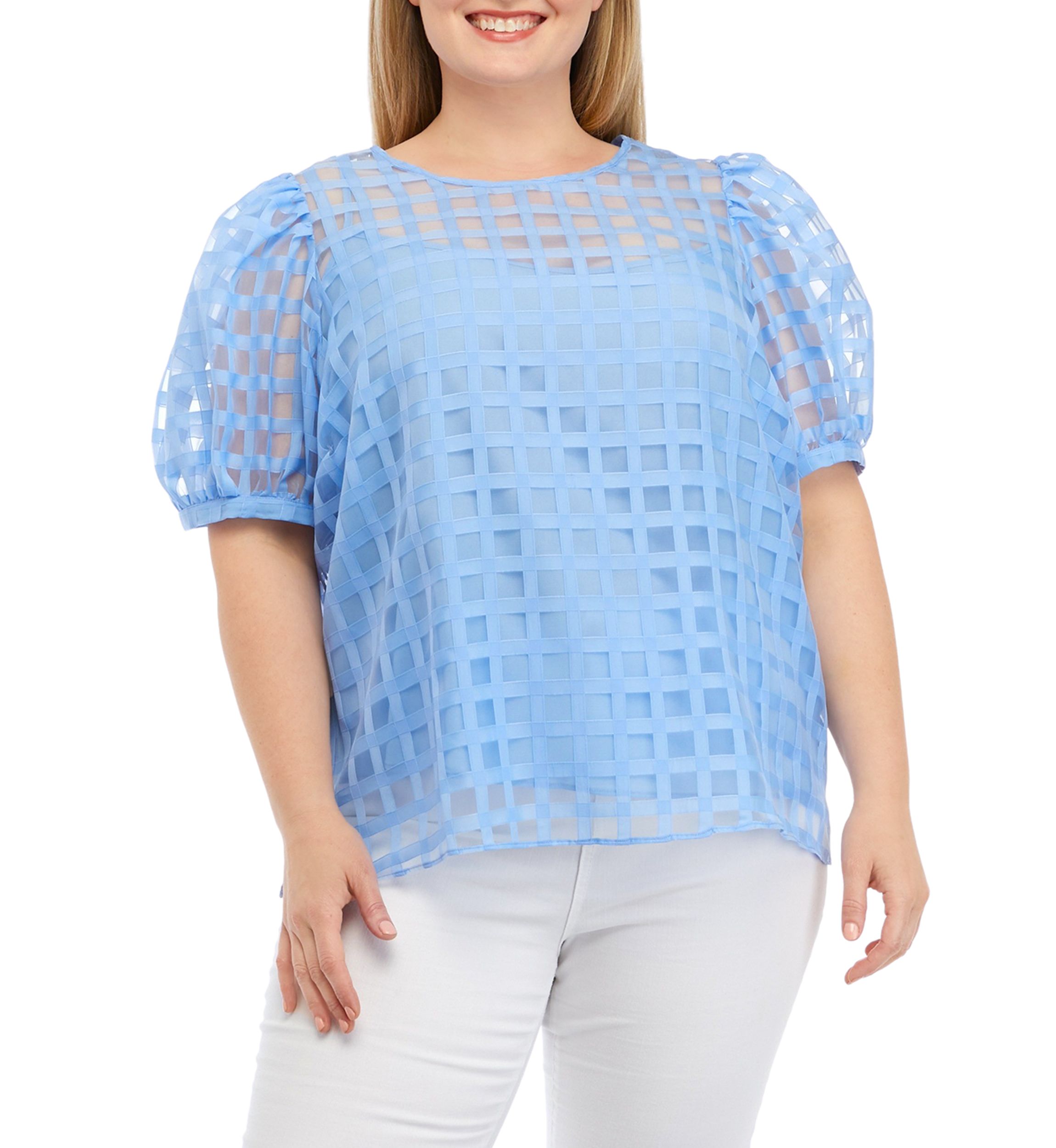 Plus Size Blue Sheer Plaid Puff Sleeve Top