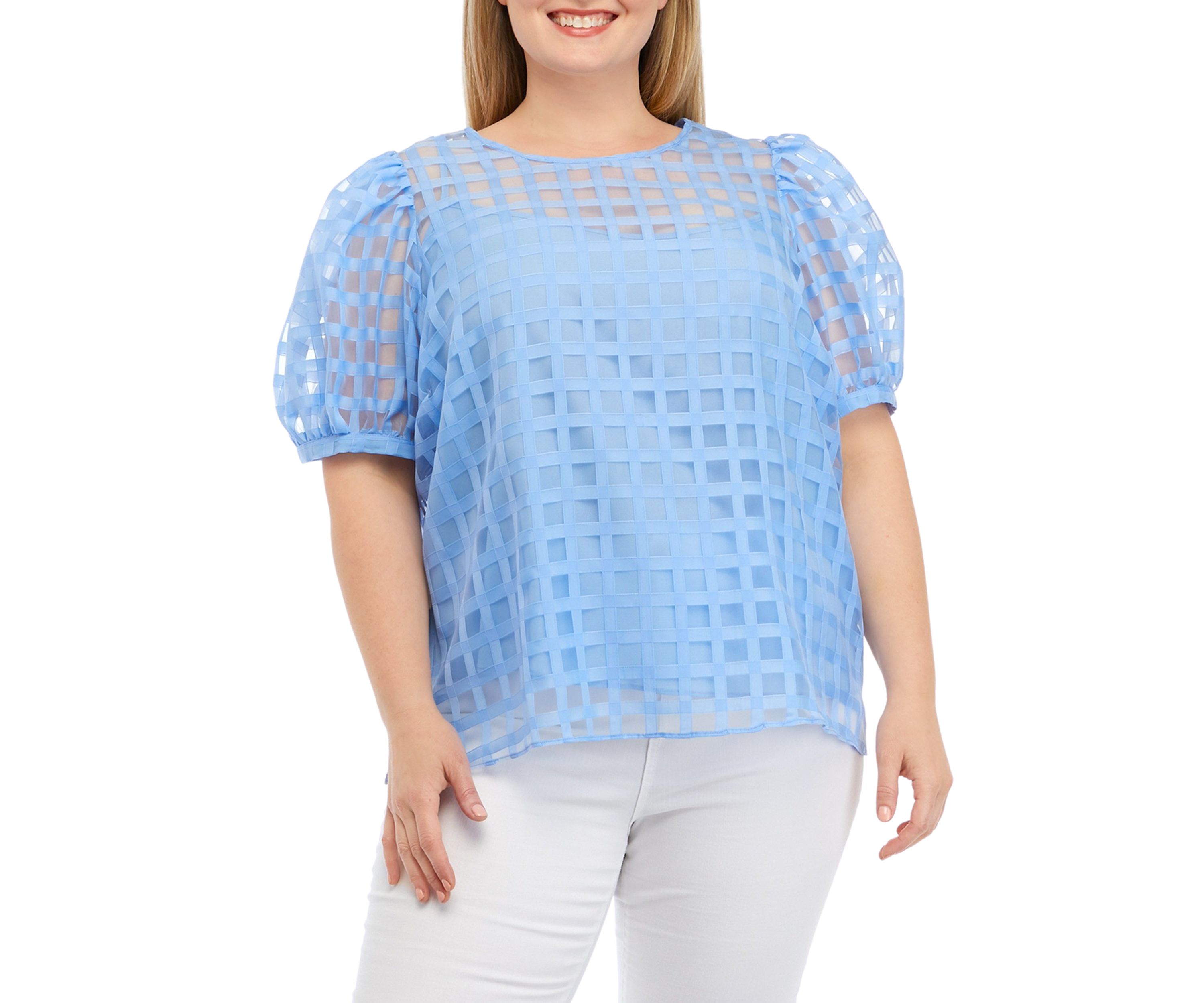 Plus Size Blue Sheer Plaid Puff Sleeve Top