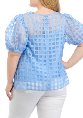 Plus Blue Sheer Plaid Puff Sleeve Top