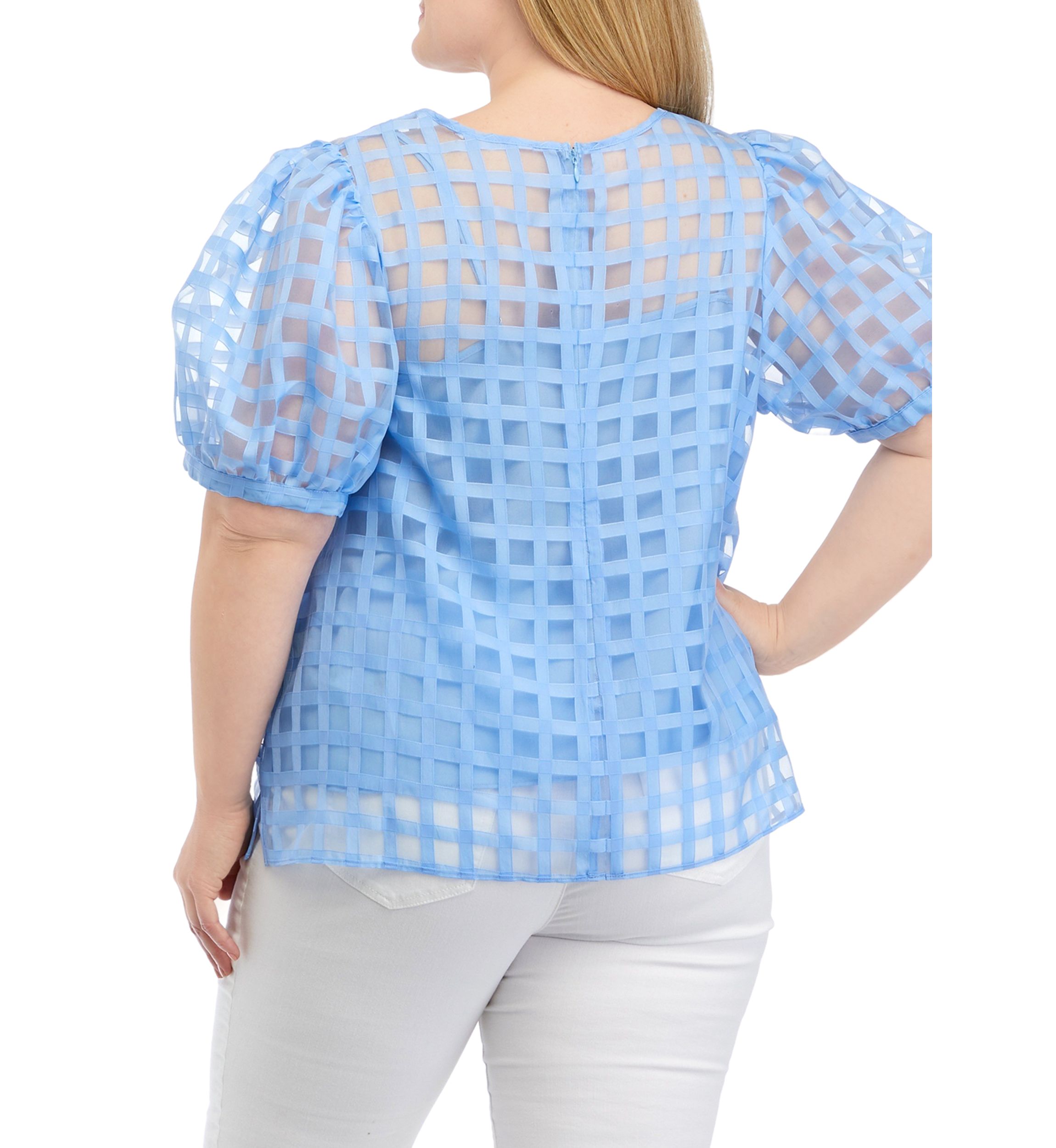 Plus Size Blue Sheer Plaid Puff Sleeve Top