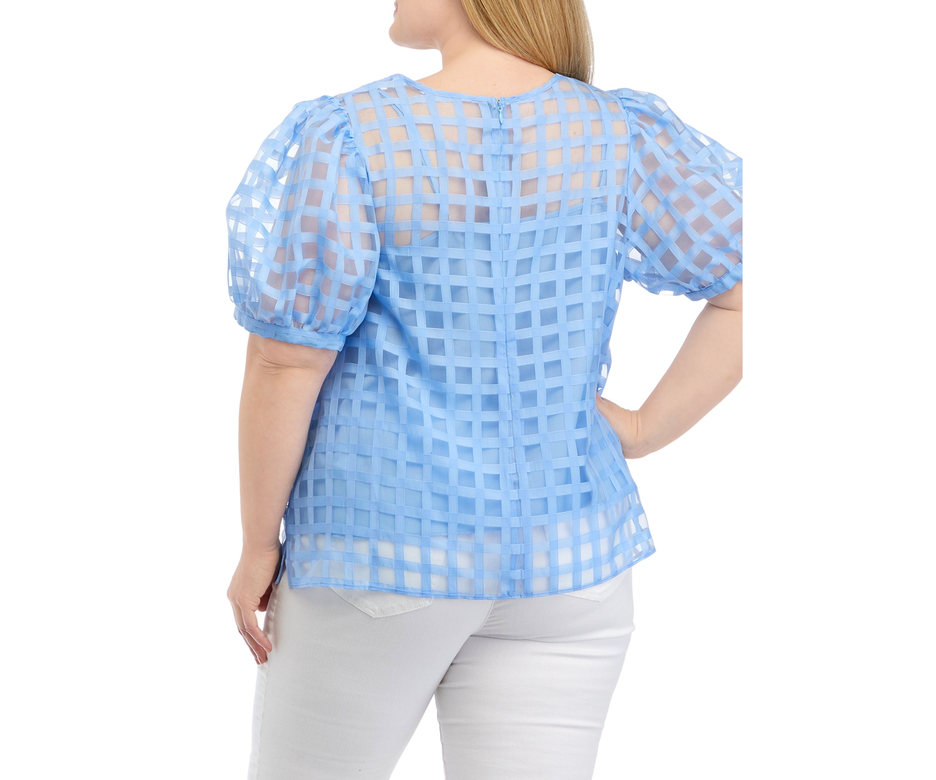 Plus Size Blue Sheer Plaid Puff Sleeve Top