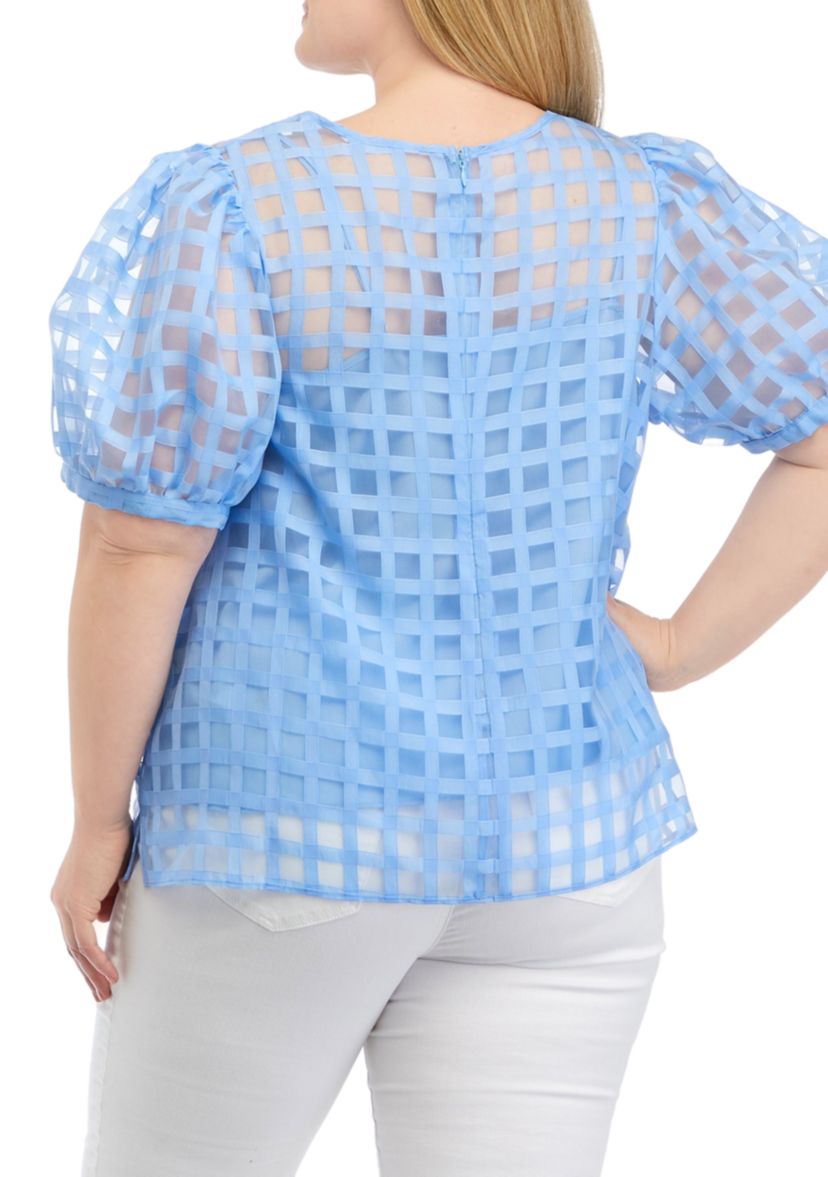 Plus Size Blue Sheer Plaid Puff Sleeve Top
