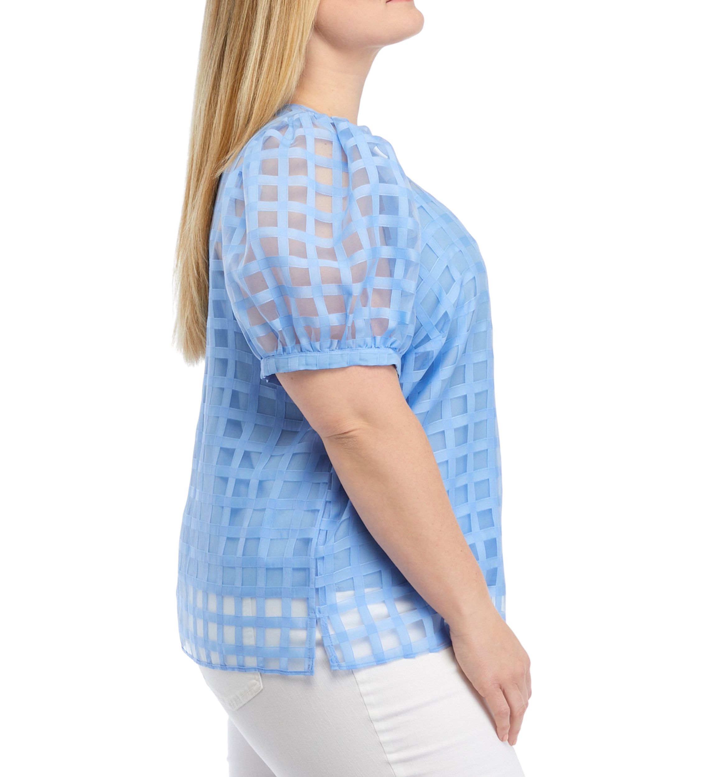 Plus Size Blue Sheer Plaid Puff Sleeve Top